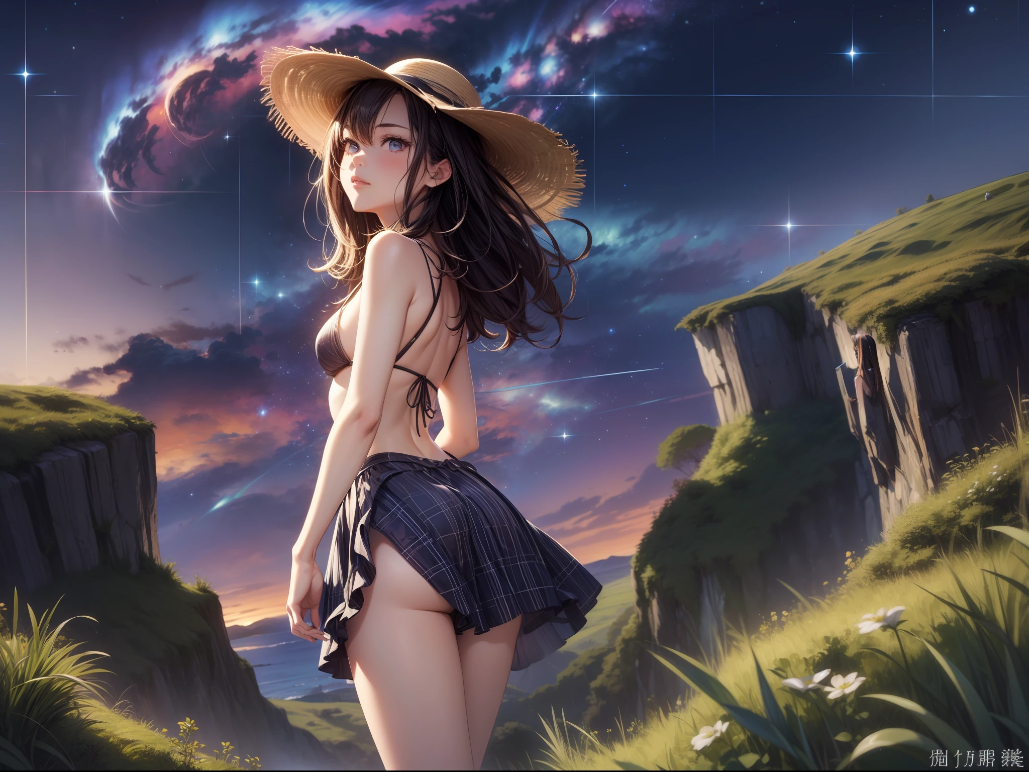 (巨作)、detailded、8K、((Full body back photo visible from head to toe))、Girl in micro bikini and straw hat、Slender and long healthy legs、short dark hair、Colorful inner hair、Realistic and sharp details、with intricate details、Standing in the back of a meadow on a cliff near the sea, looking up at the ultra-beautiful and full view of multiple starry skies and galaxies.
