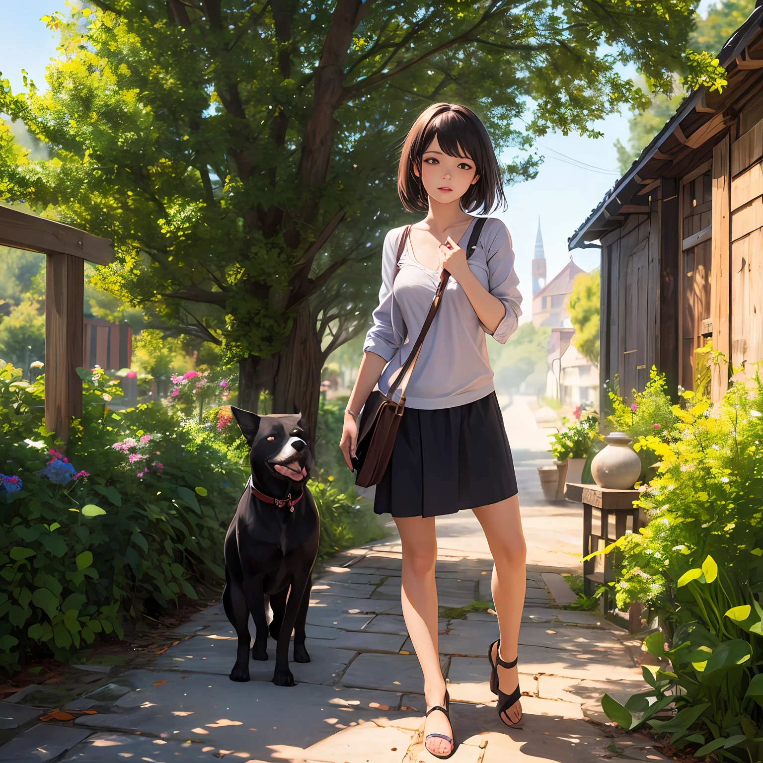 Shepard is walking、The dog looks up at the woman happily