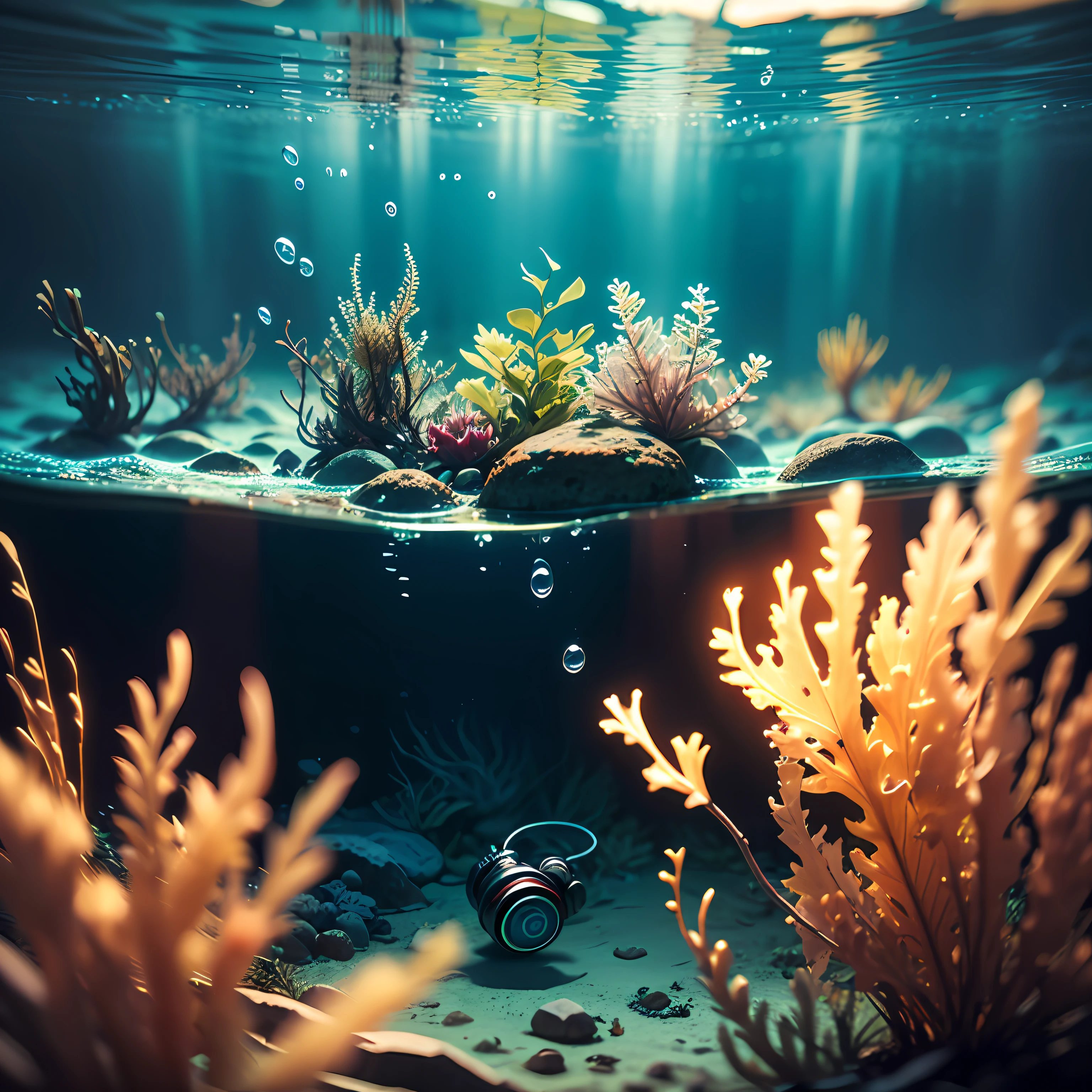 award winning underwater photography masterpiece depicting an old used abandoned headphones floating in the sea, depth of field, rimlight, seaweed, air bubbles floating, rays of light, focused close up shot, kodachrome, realistic vintage textures,  moody underwater photograph --auto