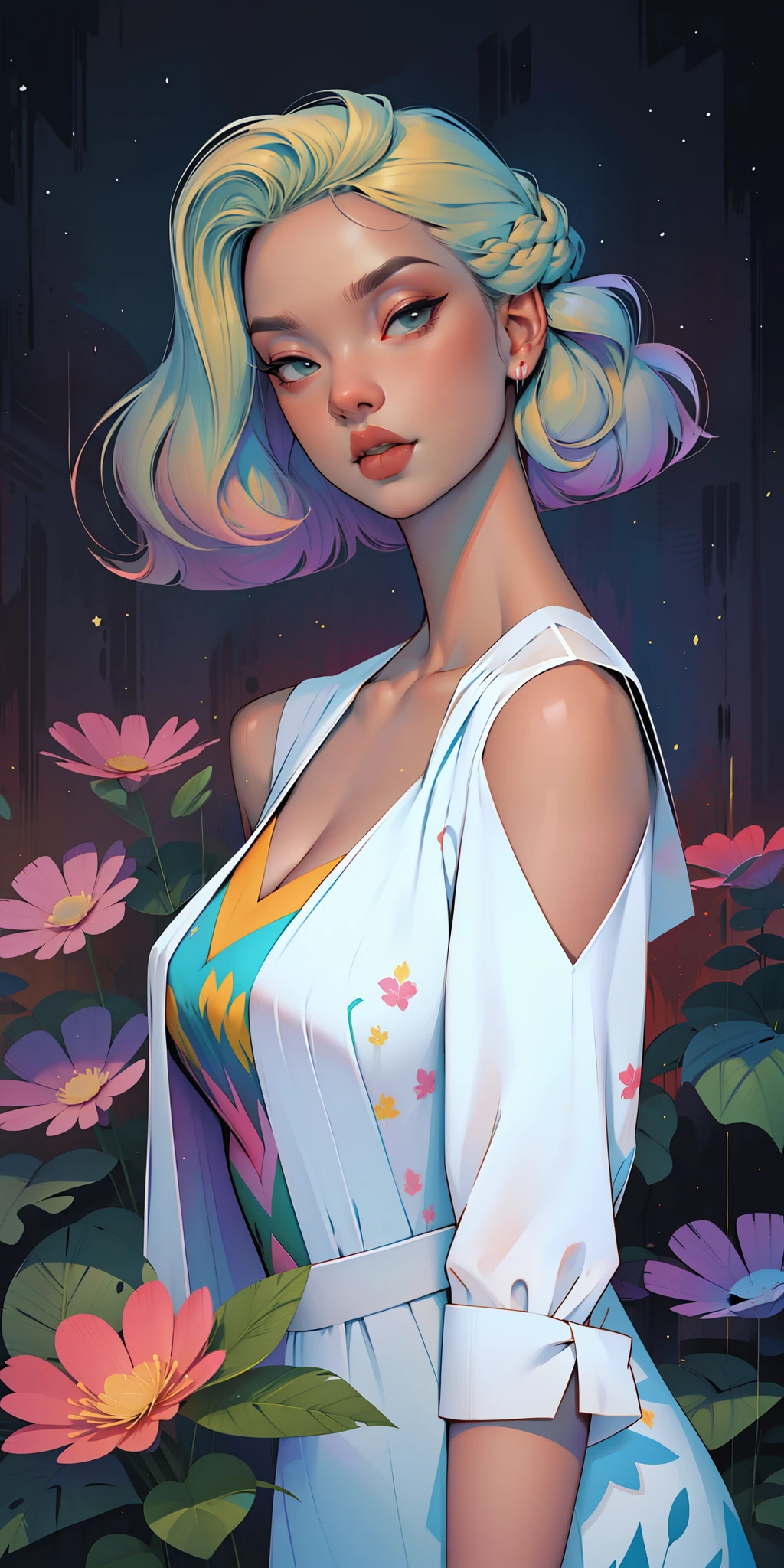 A glorious sunrise, Spectrum Rainbow, Background, in chic lavender white mint hair,  pastel, mixed-language_SMS, (beautiful and clear background:1.2),, fantastic paintings , High detail eye lace, Long pigtails, braid,  cosmos, galaxy, Long Hair, cool hairstyle, Plant flora,  Loving, Love, ultra detailed hair, Best Quality, hig quality, high-resolution, detail enhancement, ((most beautiful image in the world)), Masterpiece, Best Quality, High Quality Detail Enhancement, ((most beautiful image ), Shiny hair, ultra chic dress print, Stampa Flores,  tights in a mesh,,  art by stjepan sejic, art by j scott campbell, art by guillem march, art by citemer liu, 4k, high-resolution, comic book character, comic, high quality detailed,   style of ::2.0 comix illustration style,tatoon style, hig quality, high-resolution, detail enhancement, 8K, HD, Best Quality, hig quality, high-resolution, detail enhancement, 8K, HDR, Sharp focus, Ultra Detailed, Perfect lighting, Curvy Body, Lush breasts, Curvy hips