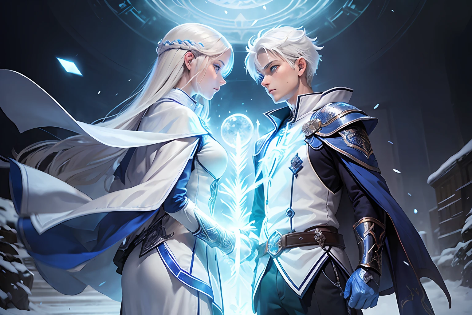 (school uniform:1.2),(Ice Mage:1.3),((1 boy) and (1 girl) standing together),blue eyes,(white hair:1.2),(dynamic pose),(creative lighting),(magical atmosphere),(fantasy setting), snow