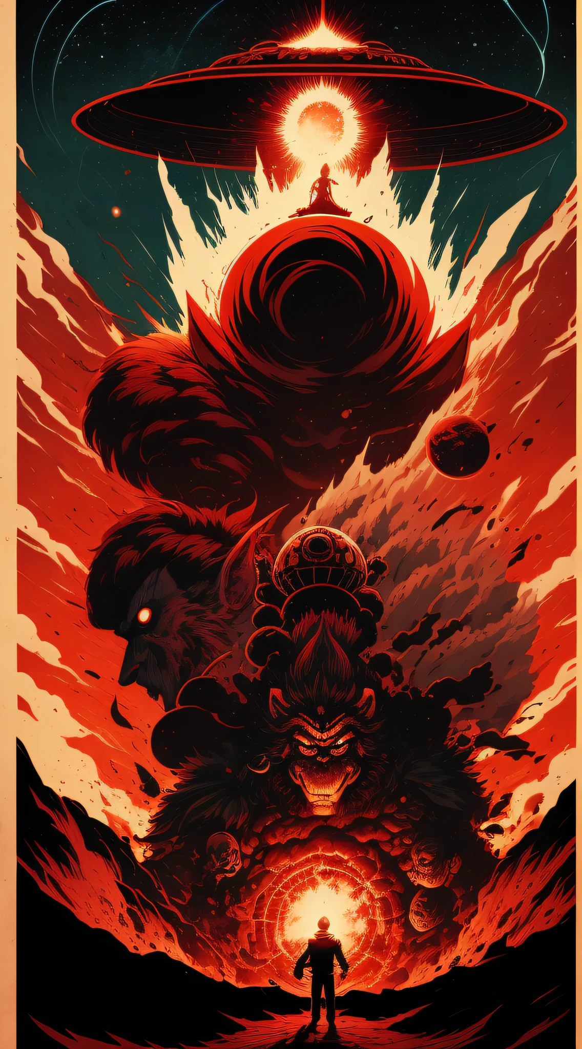 Epic fantasy concept,a poster for the movie,In front stood a Monkey King,dragonball,the explosion from akira,akira art style,American vector illustration,A huge UFO, akira japanese art, nuclear explosions paint sky, Nuclear explosion!!!, cosmic horror illustration,Black and red bicolor,The high-contrast,Strong chiaroscuro,Great and small
