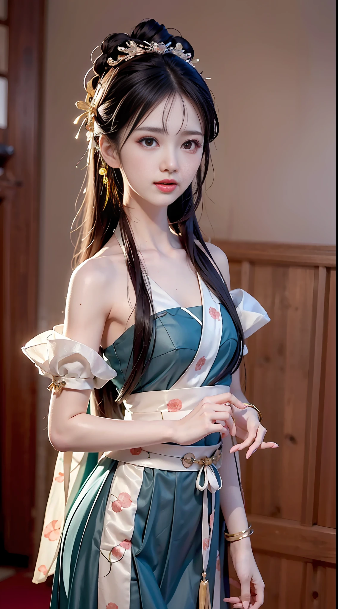JK Maiden，A girl wearing a Japanese girls' school uniform，8K，Extremely high image quality，Cinematic film texture，photorealestic，Eating Japanese food，Nikkei background，deep of field，tatami room，Warm lighting，Bow on chest，Qi bangs，Long hair that falls over the shoulder，(Playful eyes)，Double eyelid，Deepening of the tail of the eyes，Lying silkworm，Wear a bracelet on your wrist，Scarlet lips，The lips are shiny and textured，Fine skin texture，Brown sparkling pupils，((((Keep your eyes on the camera))))，Slender fingers，((Round face))，(((Small lips)))，Black halterneck hanfu，Small head