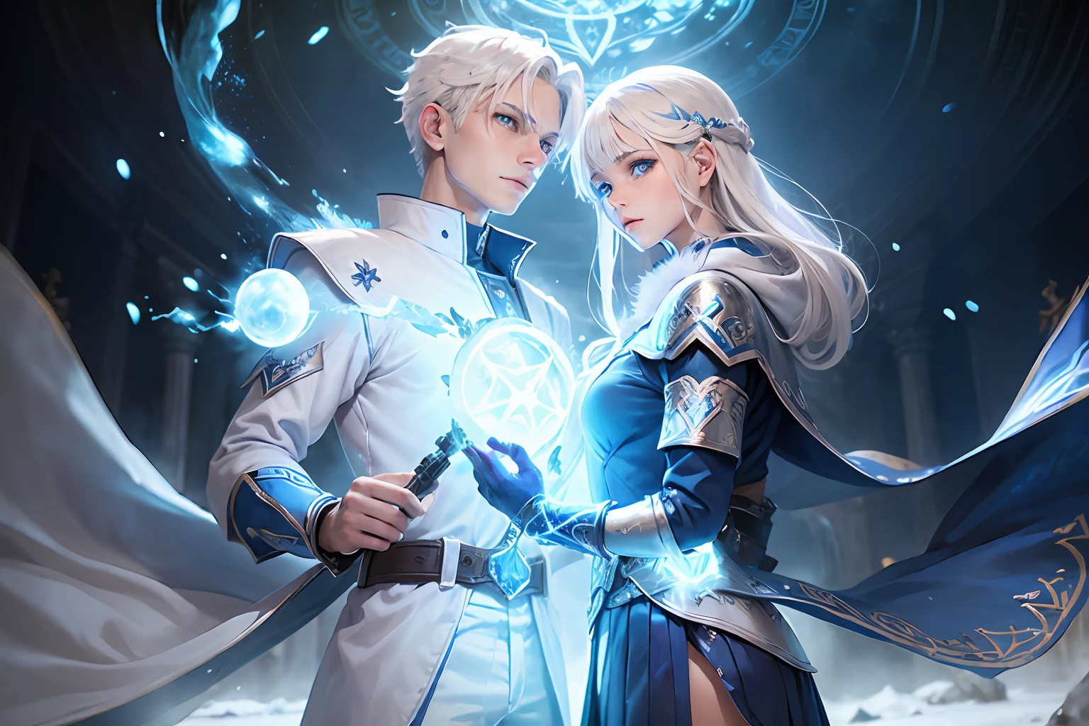 (school uniform:1.2),(Ice Mage:1.3),((1 boy) and (1 girl) standing together),blue eyes,(white hair:1.2),(dynamic pose),(creative lighting),(magical atmosphere),(fantasy setting), snow