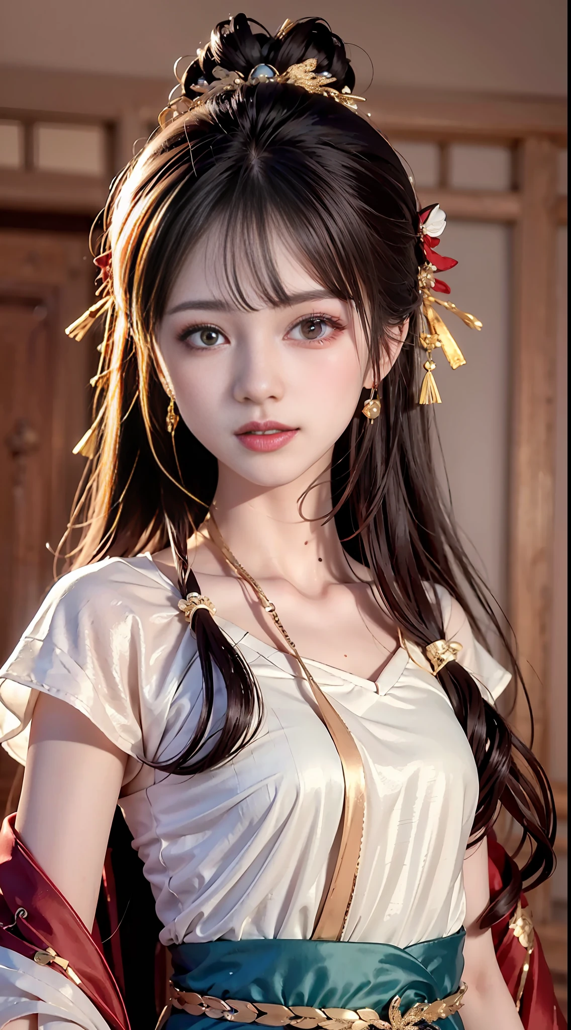 JK Maiden,A girl wearing a Japanese girls' school uniform,8K,Extremely high image quality,Cinematic film texture,photorealestic,Eating Japanese food,Nikkei background,deep of field,tatami room,Warm lighting,Bow on chest,Qi bangs,Long hair that falls over the shoulder,(Playful eyes),Double eyelid,Deepening of the tail of the eyes,Lying silkworm,Wear a bracelet on your wrist,Scarlet lips,The lips are shiny and textured,Fine skin texture,Brown sparkling pupils,((((Keep your eyes on the camera)))),Slender fingers,((Round face)),(((Small lips))),Black halterneck hanfu,Small head