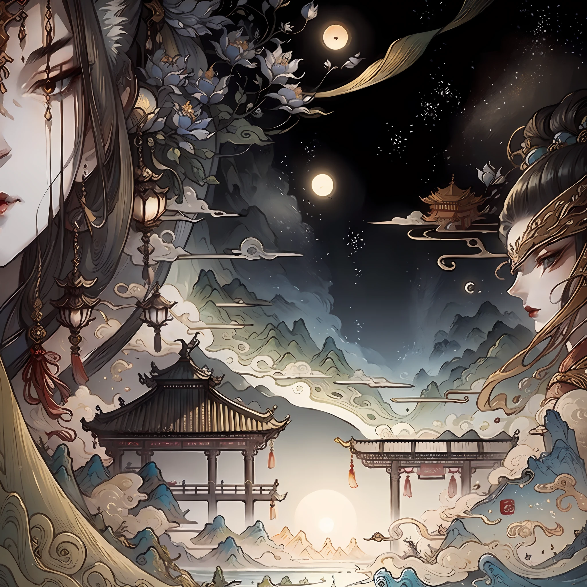 An ancient Chinese painting, ancient Chinese background, mountains, rivers, auspicious clouds, pavilions, sunshine, masterpieces, super detail, epic composition, ultra HD, high quality, extremely detailed, official art, unified 8k wallpaper, Super detail, 32k -- v 6