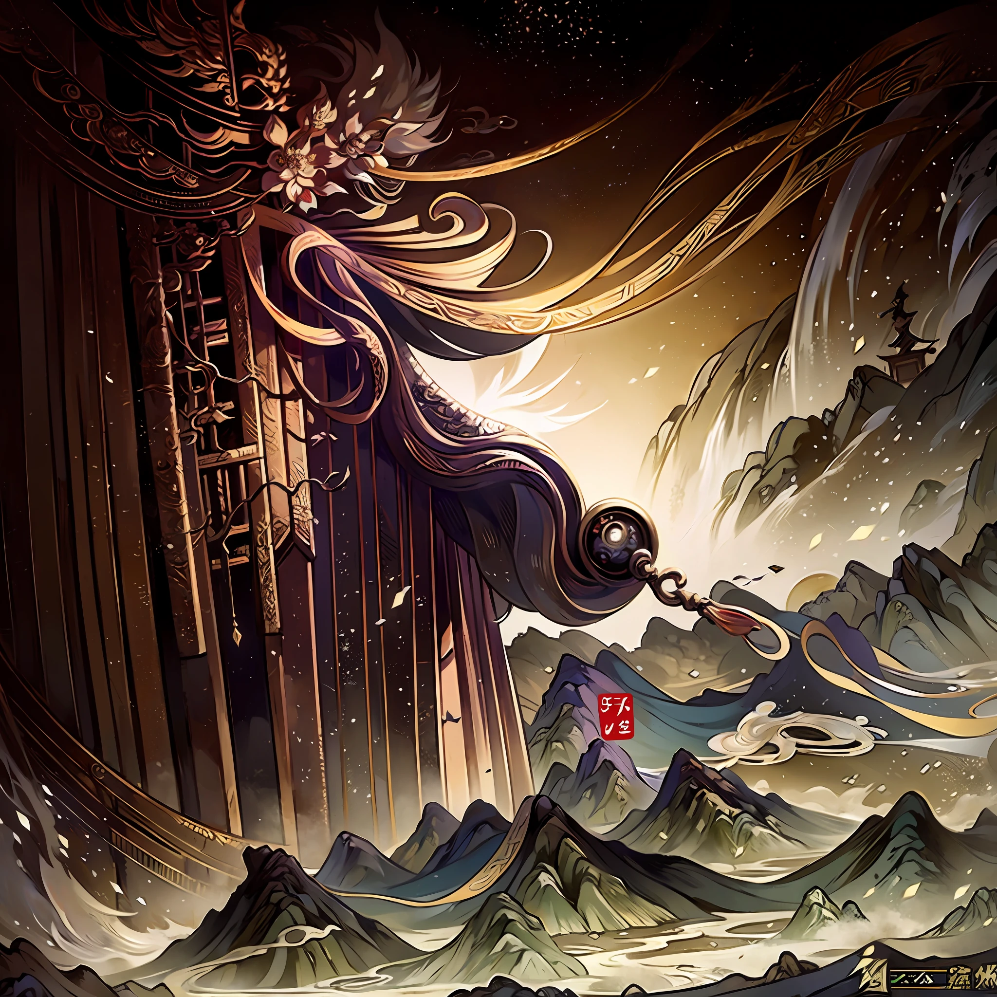 An ancient Chinese painting, ancient Chinese background, mountains, rivers, auspicious clouds, pavilions, sunshine, masterpieces, super detail, epic composition, ultra HD, high quality, extremely detailed, official art, unified 8k wallpaper, Super detail, 32k -- v 6