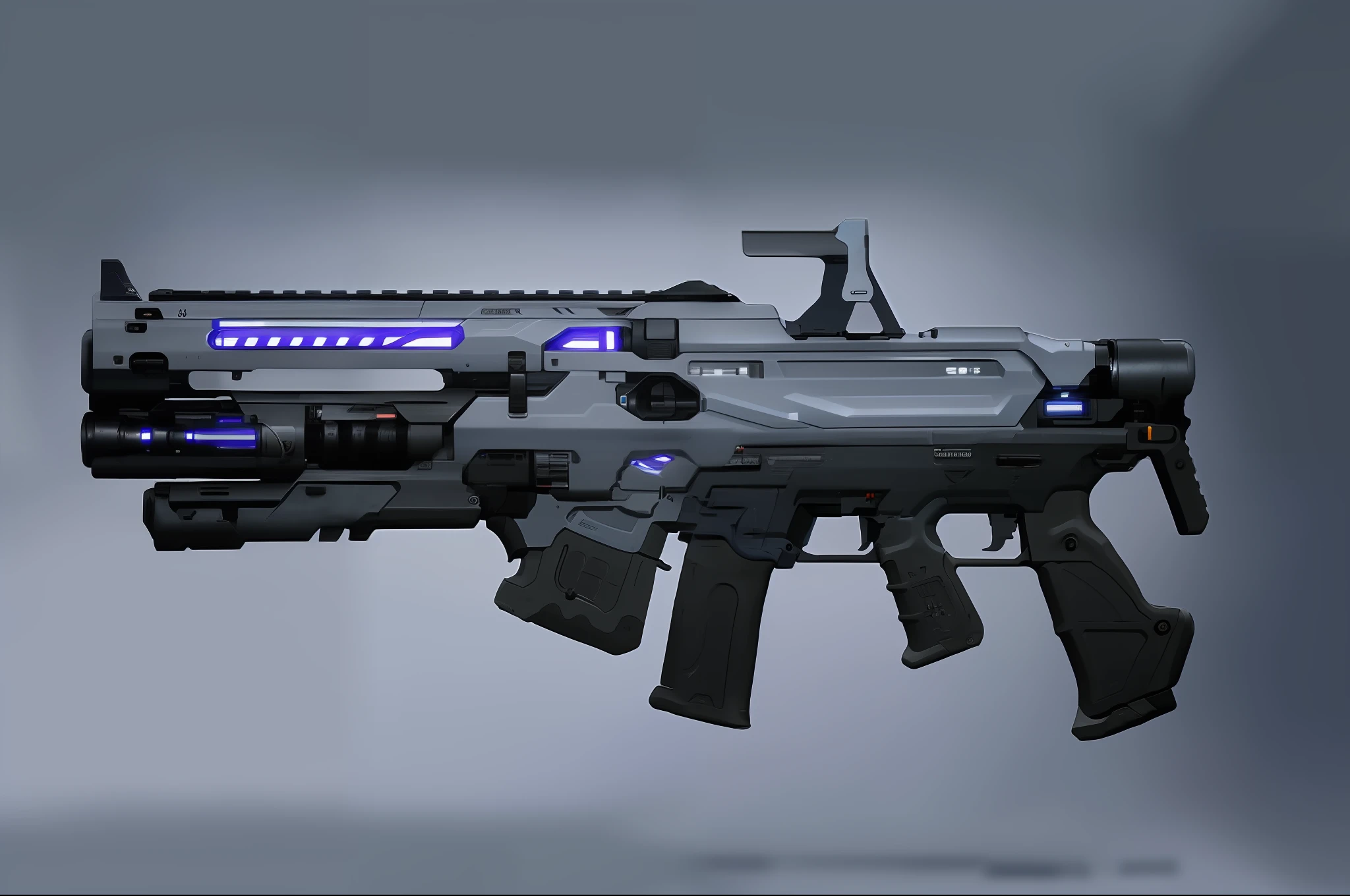 a gun，(masterpiece, top quality, best quality, official art, beautiful and aesthetic:1.2),(8k, best quality, masterpiece:1.2), CGgameguniconcsw, (no humans:1.5), weapon, grey background, simple background, weapon, vehicle focus, logo, radio antenna, Science fiction,Blue-white