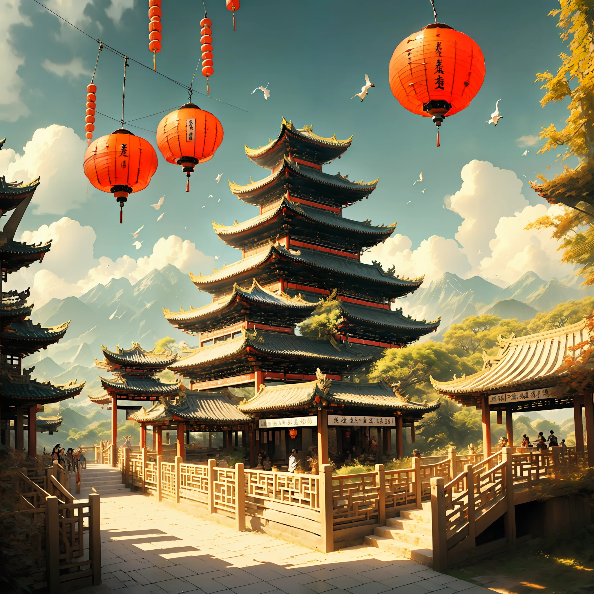architecture, east asian architecture, scenery, lantern, pagoda, al fresco, sky, paper lantern, clouds, Bird, Buildings, tree, standing, mountains, bridge, holding, Multiple girls, 6+A boy, day, masterspiece, beste Quality,
