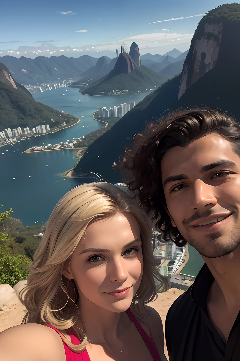 there is a caucasian man with curly brown hair and blonde swedish woman taking a selfie together, rio de janeiro, with mountains in the background, with mountains in background, david rios ferreira, by Felipe Seade, by Nándor Katona, andrea rocha, malika favre, by Sam Dillemans, caroline gariba, with mountains as background, by Paulus Decker