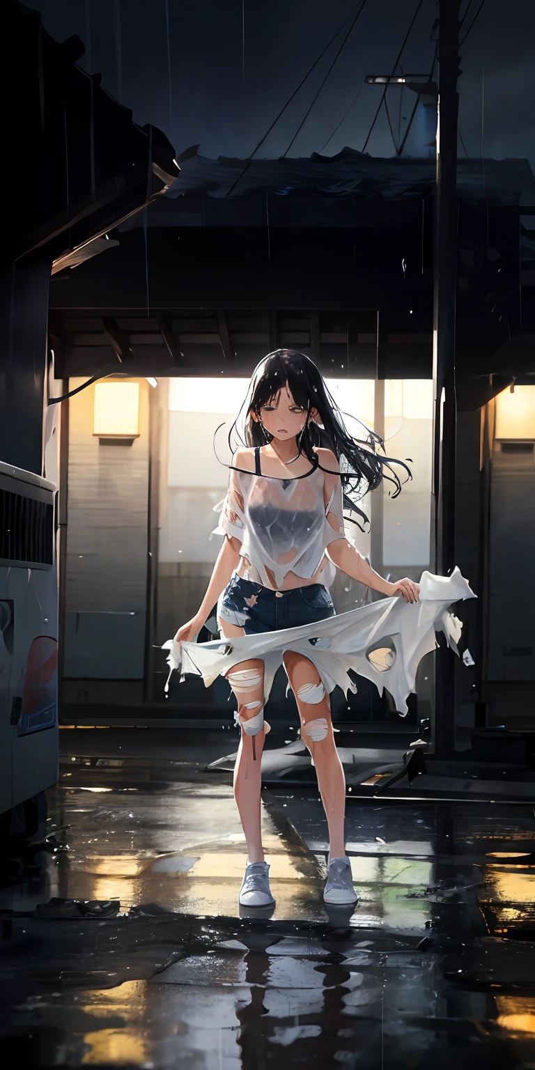 best image quality, masterpiece, super high resolution, (fidelity:1.4), photo, 1 girl, white shirt, torn jeans, white sneakers, dim, darkness, despair, pity, poor, movie, tears, teardrops, (torn clothes:1.5), (wet clothes:1.4), bare shoulders, real rain, wet hair,..
