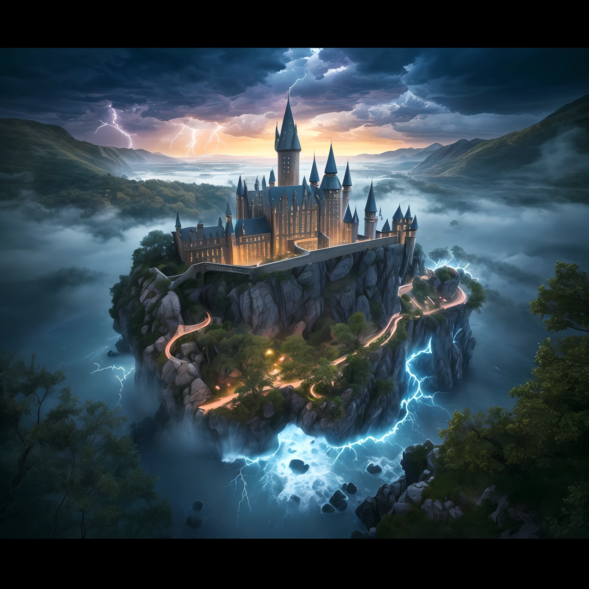 Hogwarts Castle is set in the mountains,Standing tall in the wind and lightning,Hogwarts Castle in the sunset,Ultra-wide angle shooting from above,Matte illustration style,ultra detaile,8K Ultra HD picture quality,Masterpieces of the highest quality。