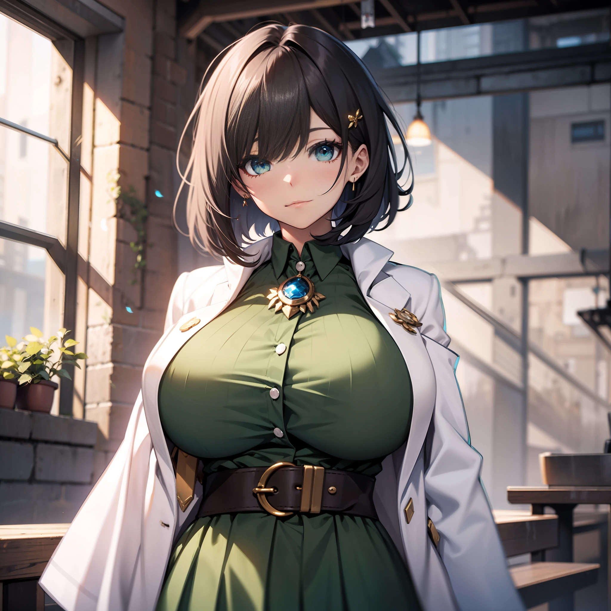researcher、bob cuts、white robes、HugeBoobs、brooch、Green Shirt、Long skirt、