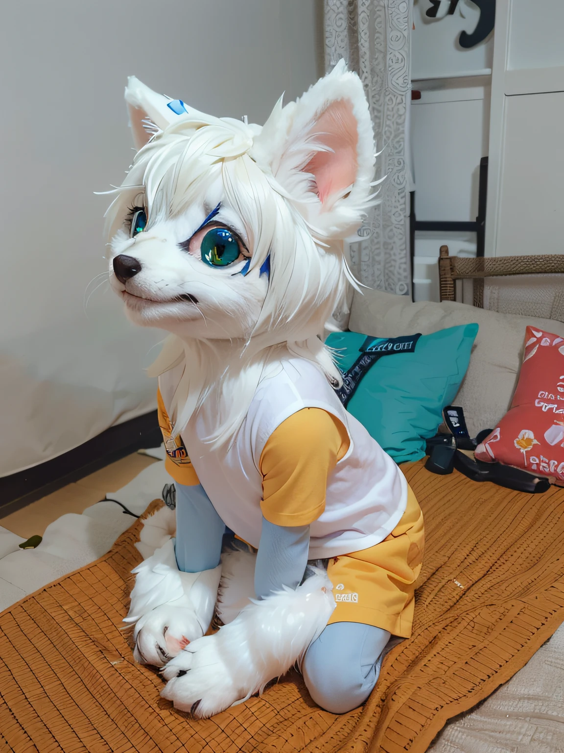 araffe dressed in a white shirt and yellow shorts sitting on a bed, female furry mini cute style, fursuit, furry character, furry fursona, fursuit!!!!, the furry fursuit is running, fursona!!!!, hairy bodies, female fursona, fursona commission, professional furry drawing, cute furry needs your help, furry anime, macro furry, krystal from star fox