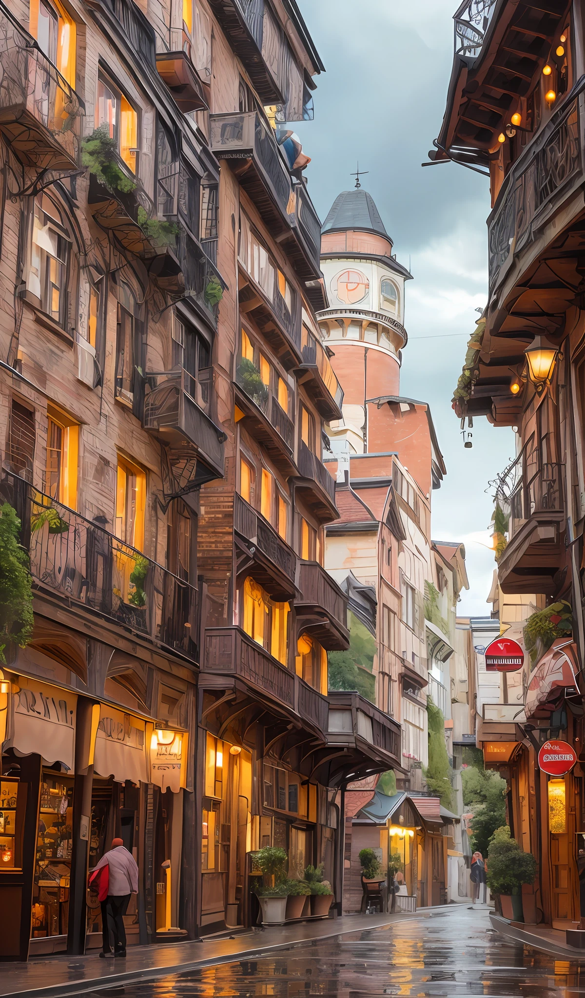((masterpiece)),((highest quality))),((high definition)),((real,)) Industrial age city, deep canyon in the middle, architectural street, bazaar, bridge, rainy day, steampunk, european architecture