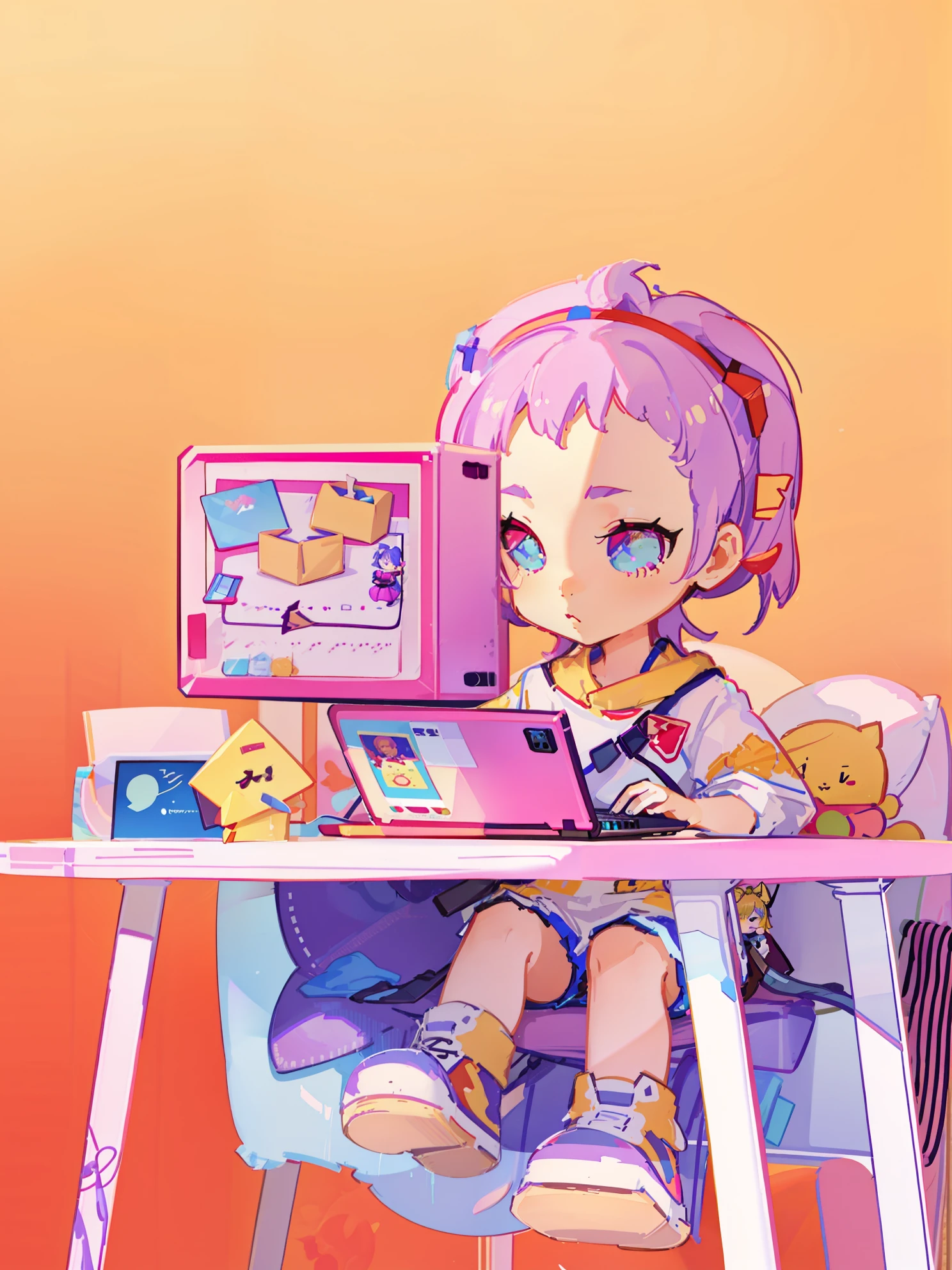 there is a small doll sitting at a desk with a laptop, cute 3 d render, animation style render, digital art render, 3 d illustration, 3d illustration, 2 d illustration, 2d illustration, pink iconic character, for hire 3d artist, stop motion character, kenny wong x pop mart, 3d grainy aesthetic illustration, 3d characters