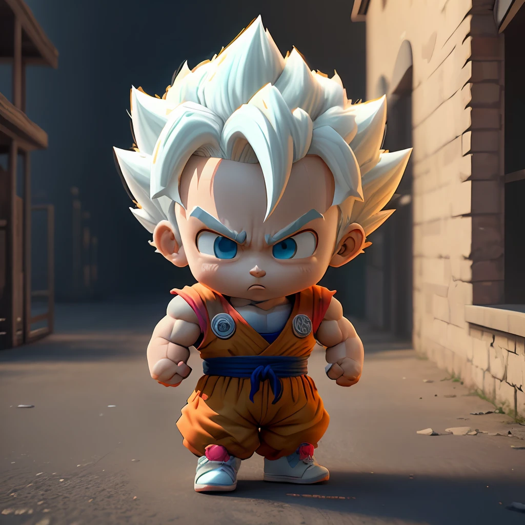 Goku, super saiyan, exquisite hair, arm depiction, white and blue hair body, exquisite shoes, eye depiction, exquisite hair, popmart blind box, clay texture, stepping on the land, black and white background, natural lighting, most good quality, super detail, 3D art, c4d, OC renderer, 3D rendering, 8k