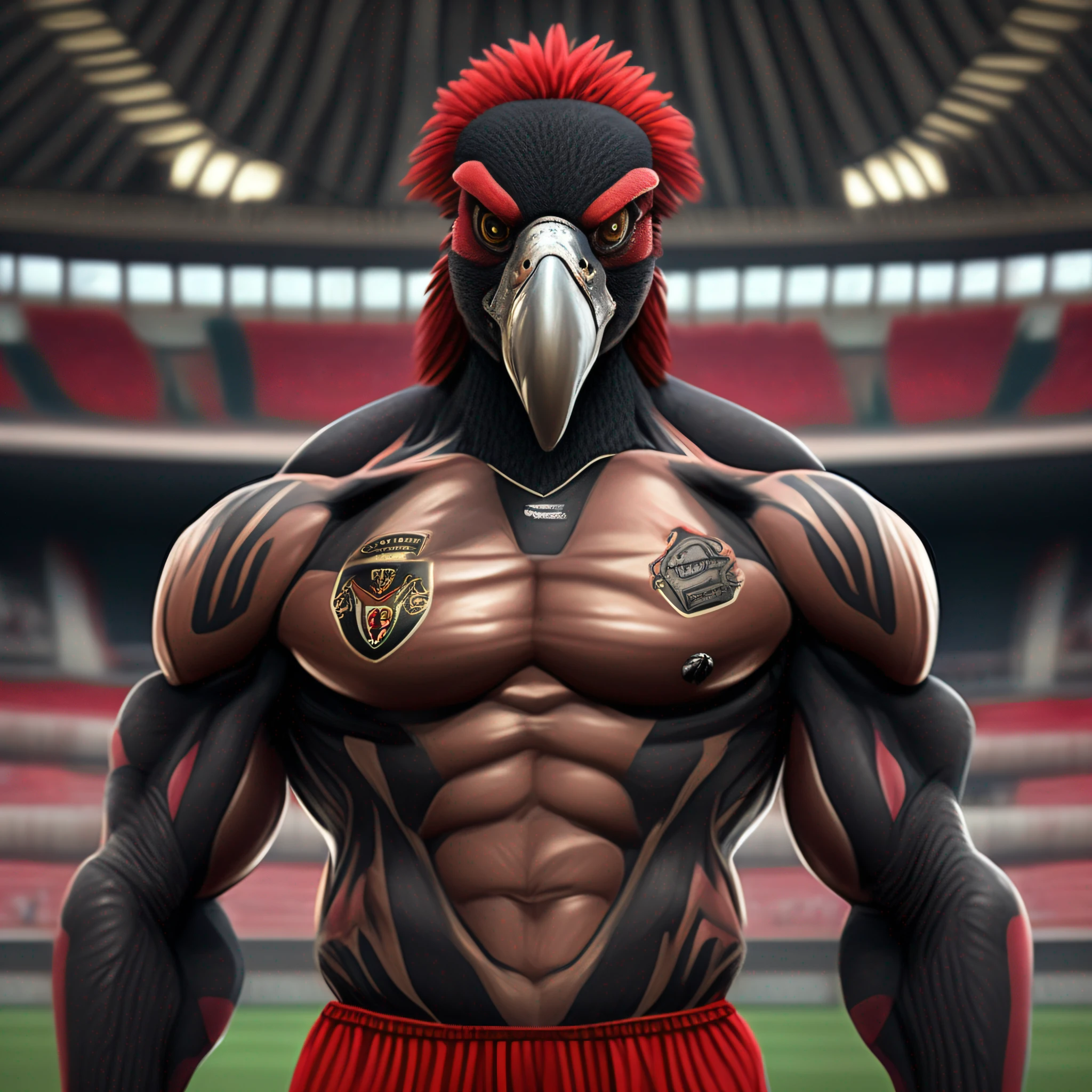An anthropomorphic bodybuilder vulture, jogador de futebol, vermelho e preto Fc uniforme, in stadium, melhor qualidade, ultra realista, detalhado