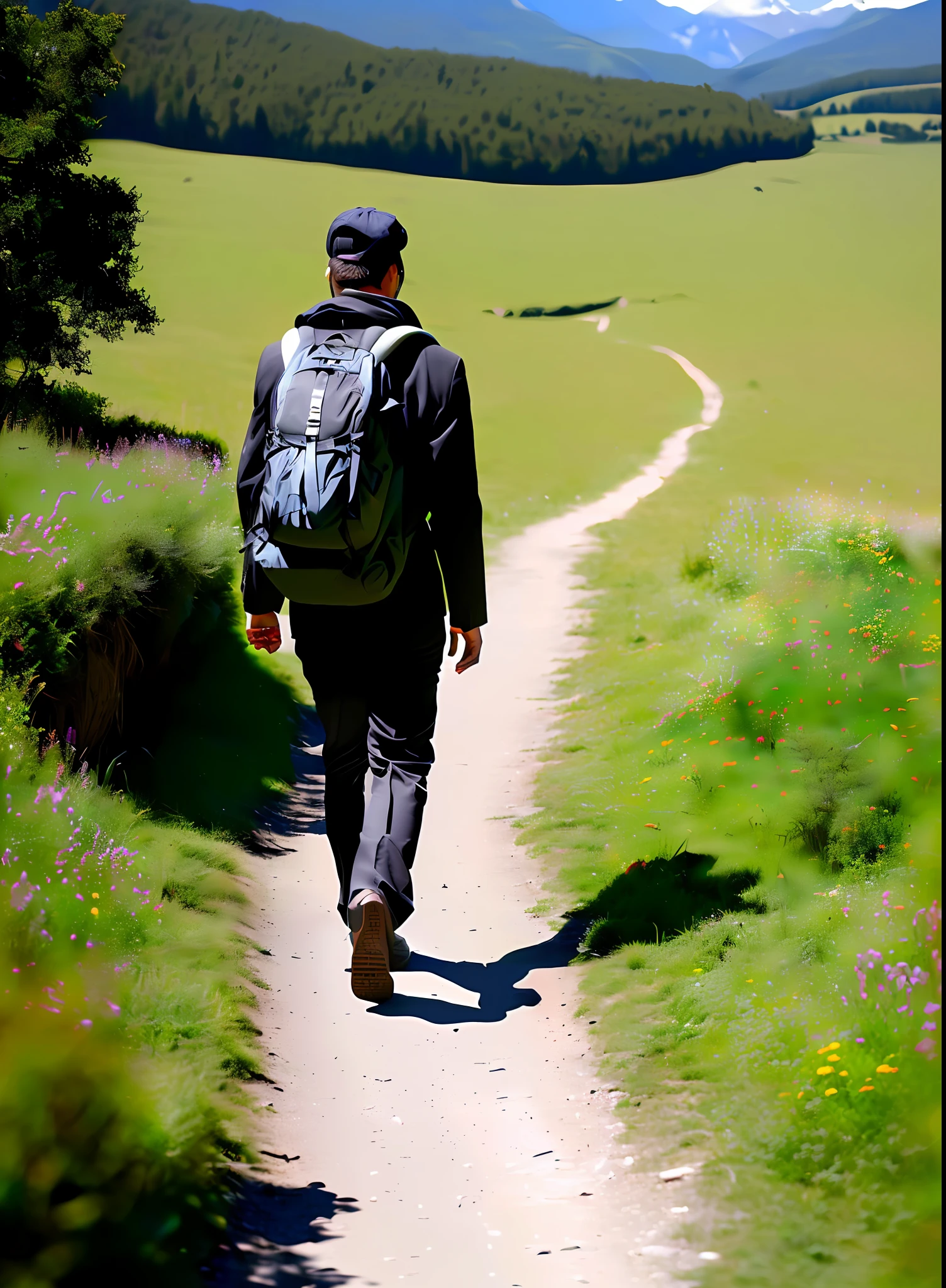 On a narrow and winding mountain path with lush green meadows on either side, the width of the path being about one meter, There is no snow in the meadows、High mountains々Looks like spring with, Blue sky, and white clouds visible in the distance. A man with long white hair is walking on the path alone while wearing a black coat, Black pants, and a black cap, carrying a large black backpack on his back. He is facing the opposite direction.、Photos do not show man-made structures or other people, which has a landscape-like quality.