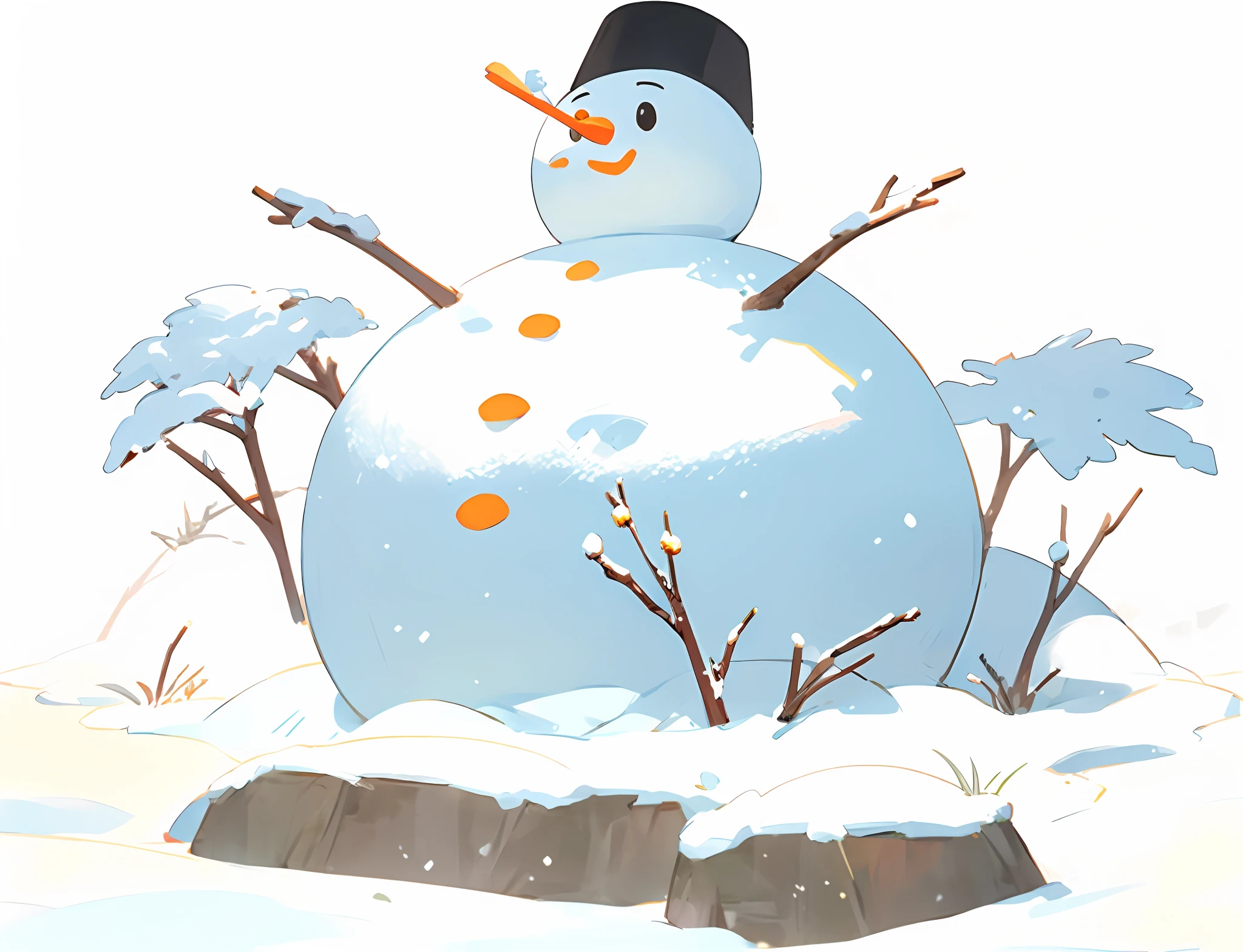 snowman with hat and orange nose and arms in the snow, frosty, (Snow), Snow, Snowy, abomasnow, snow snow, digitally colored, illustration!, no gradient, winter concept art, Art officiel, seasons!! : 🌸 ☀ 🍂 ❄, only snow i the background, chilly, frostbite 3 rendered, pixer, drawn image, cold snowy