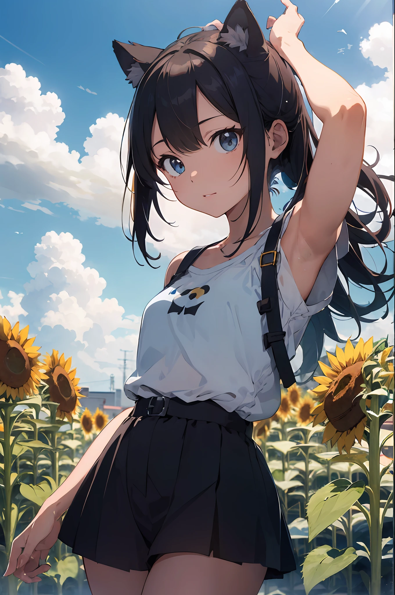 Anime cat eared girl wearing one piece with cat ears, shoulder look, anime drawing by Yang J, pixiv contest winner, serial art, digital anime illustration, kawashi, anime style illustration, anime style 4K, beautiful anime portrait, anime style portrait, anime style artwork, Guweiz style artwork, Anime Illustration, Digital Anime Art, Detailed Digital Anime Art, Beautiful Blue Sky, (((Beautiful Cloud)),((Sunflower))
