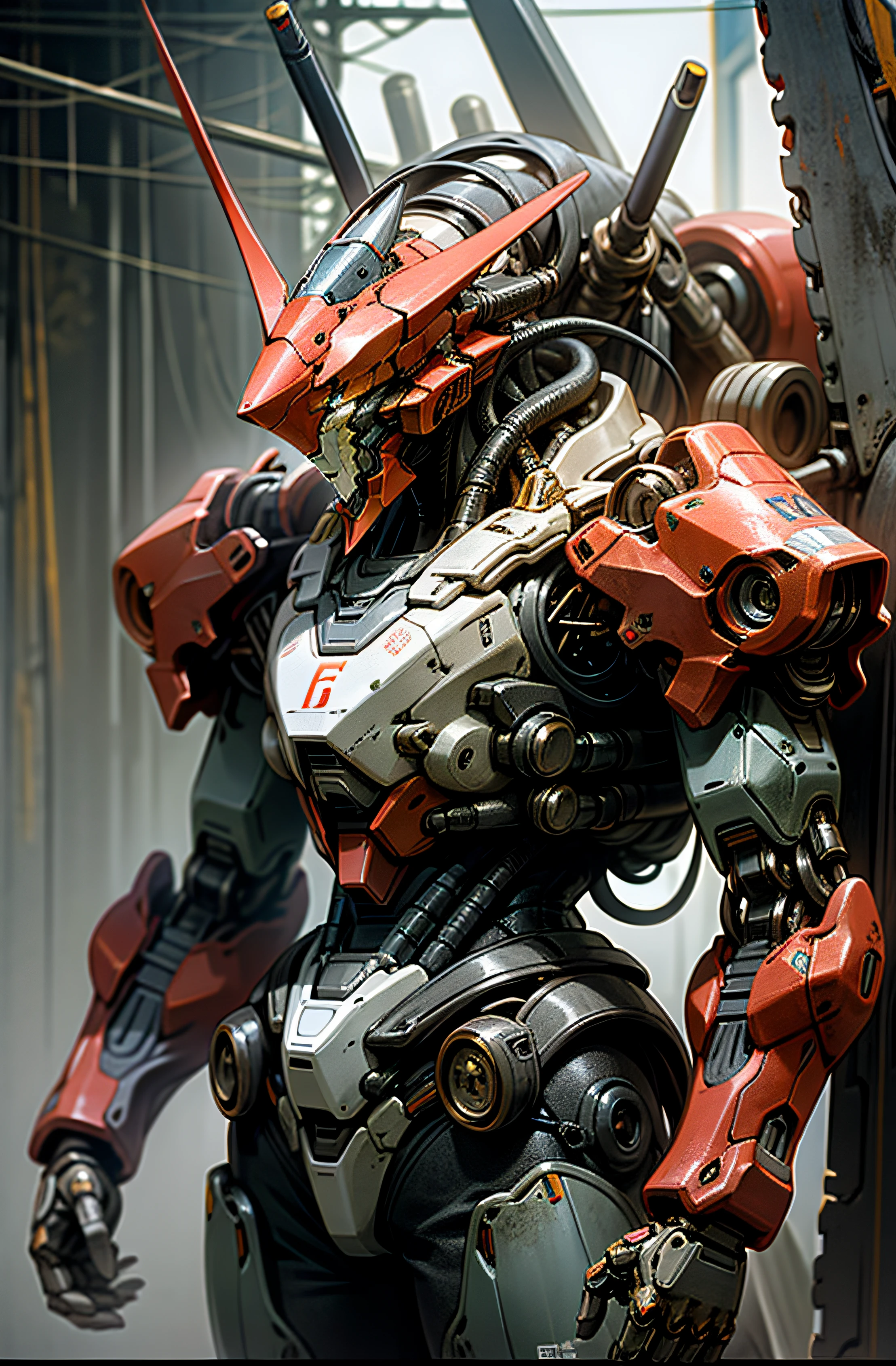cowboy shot，Mobile Suit，Dark_fantasy,Cyberpunk,(chainsaw,chainsawman,Red:1.1),1人,Mechanical marvel,Robotic presence,Cybernetic guardian,wearing a worn-out mech suit，intricated，（Steel metal[rust]），elegantly，Clear focus，Photo by Greg Rutkowski，softly lit，Bright color，The Masterpiece，（（Streets）），cowboy shot，dynamicpose， Mobile Suit，feather hair