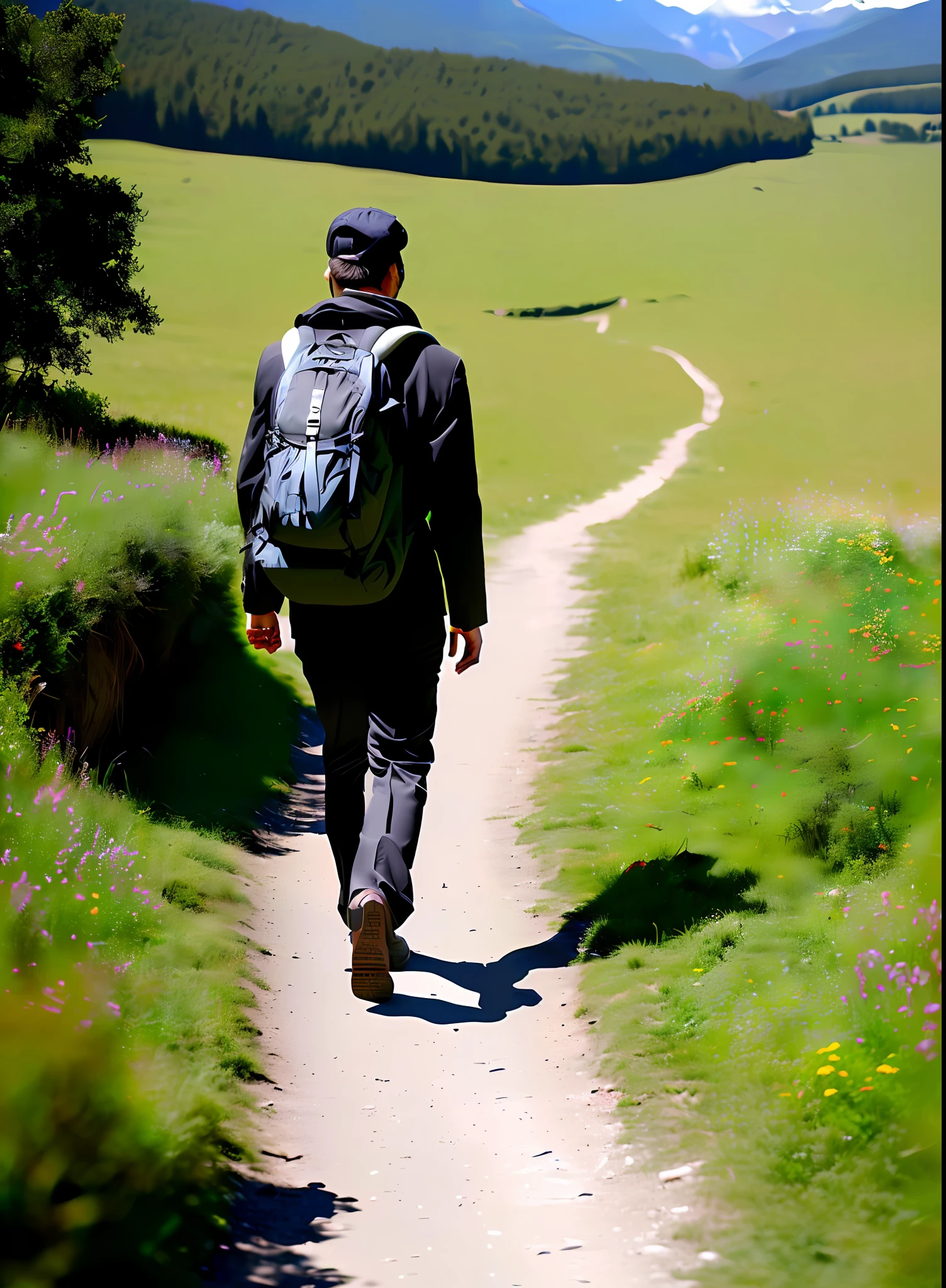 On a narrow and winding mountain path with lush green meadows on either side, the width of the path being about one meter, There is no snow in the meadows、High mountains々Looks like spring with, Blue sky, and white clouds visible in the distance. A man with long white hair is walking on the path alone while wearing a black coat, Black pants, and a black cap, carrying a large black backpack on his back. He is facing the opposite direction.、Photos do not show man-made structures or other people, which has a landscape-like quality.
