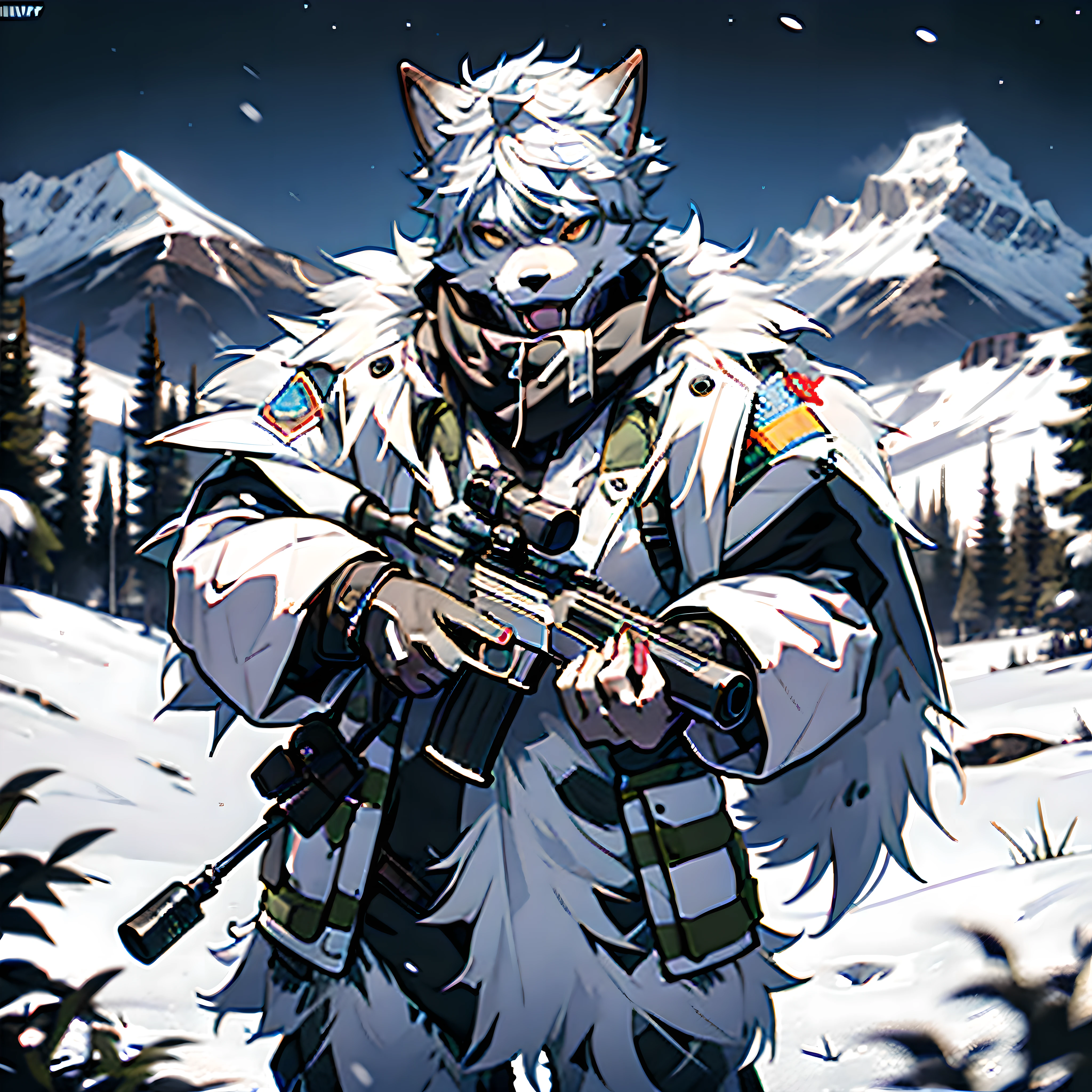 shaggy,White werewolves，sniper，midnight，snowy mountains，Lots of detail，White ghillie suit