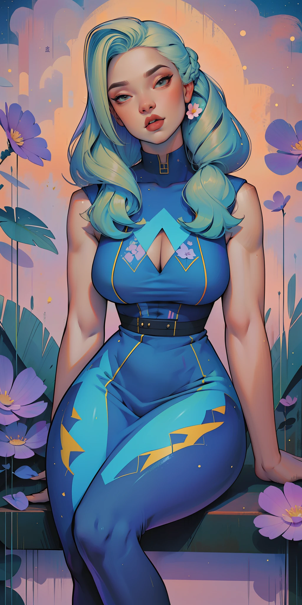 A glorious sunrise, Spectrum Rainbow, Background, in chic lavender white mint hair, pastel, mixed-language_SMS, (beautiful and clear background:1.2),, fantastic paintings , High detail eye lace, Long pigtails, braid, cosmos, galaxy, Long Hair, cool hairstyle, Plant flora, Loving, Love, ultra detailed hair, Best Quality, hig quality, high-resolution, detail enhancement, ((most beautiful image in the world)), Masterpiece, Best Quality, High Quality Detail Enhancement, ((most beautiful image ), Shiny hair, ultra chic dress print, Stampa Flores, tights in a mesh,, art by stjepan sejic, art by j scott campbell, art by guillem march, art by citemer liu, 4k, high-resolution, comic book character, comic, high quality detailed, style of ::2.0 comix illustration style,tatoon style, hig quality, high-resolution, detail enhancement, 8K, HD, Best Quality, hig quality, high-resolution, detail enhancement, 8K, HDR, Sharp focus, Ultra Detailed, Perfect lighting, Curvy Body, Lush breasts, Curvy hips, Sits