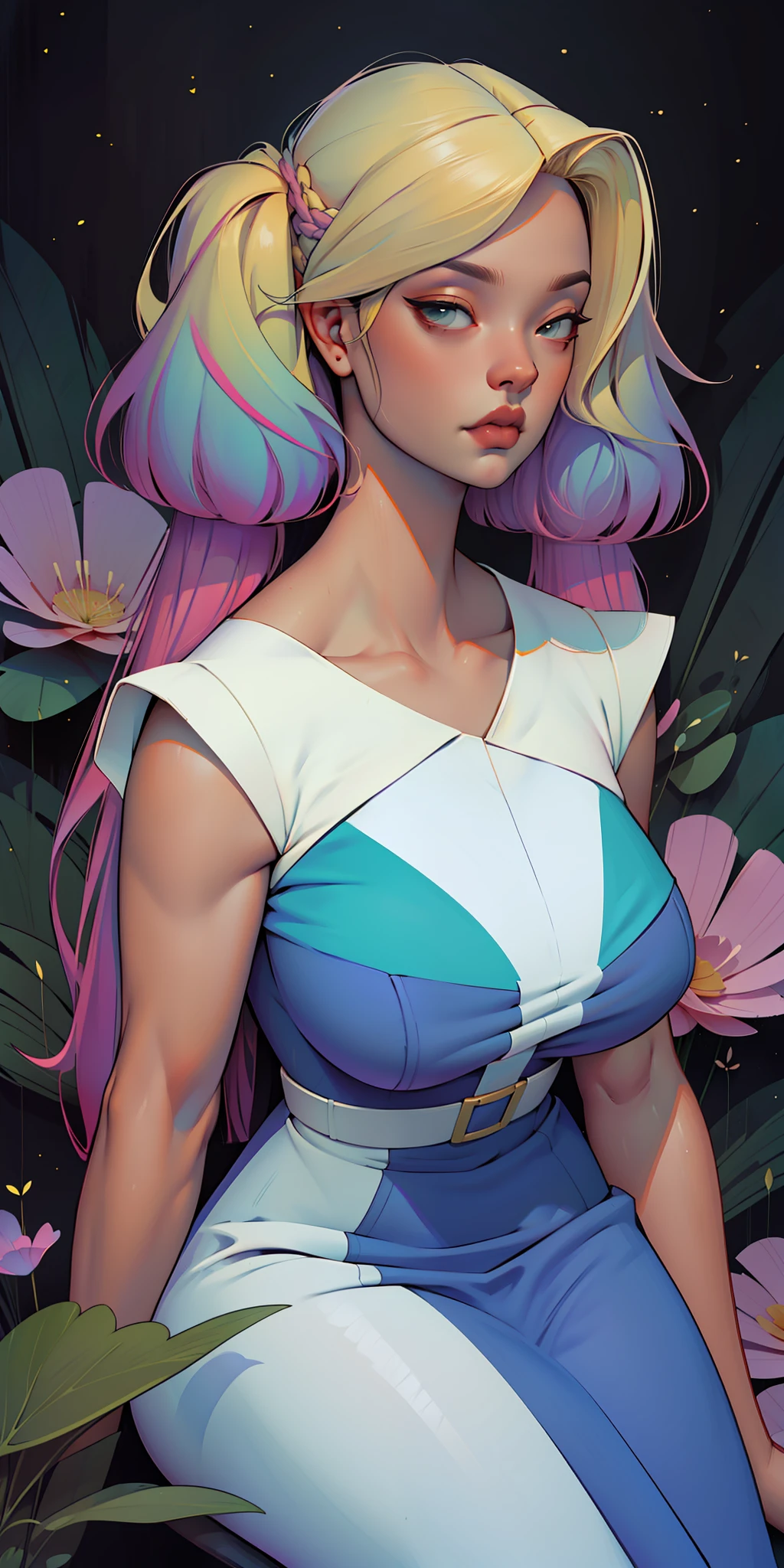 A glorious sunrise, Spectrum Rainbow, Background, in chic lavender white mint hair, pastel, mixed-language_SMS, (beautiful and clear background:1.2),, fantastic paintings , High detail eye lace, Long pigtails, braid, cosmos, galaxy, Long Hair, cool hairstyle, Plant flora, Loving, Love, ultra detailed hair, Best Quality, hig quality, high-resolution, detail enhancement, ((most beautiful image in the world)), Masterpiece, Best Quality, High Quality Detail Enhancement, ((most beautiful image ), Shiny hair, ultra chic dress print, Stampa Flores, tights in a mesh,, art by stjepan sejic, art by j scott campbell, art by guillem march, art by citemer liu, 4k, high-resolution, comic book character, comic, high quality detailed, style of ::2.0 comix illustration style,tatoon style, hig quality, high-resolution, detail enhancement, 8K, HD, Best Quality, hig quality, high-resolution, detail enhancement, 8K, HDR, Sharp focus, Ultra Detailed, Perfect lighting, Curvy Body, Lush breasts, Curvy hips, Sits