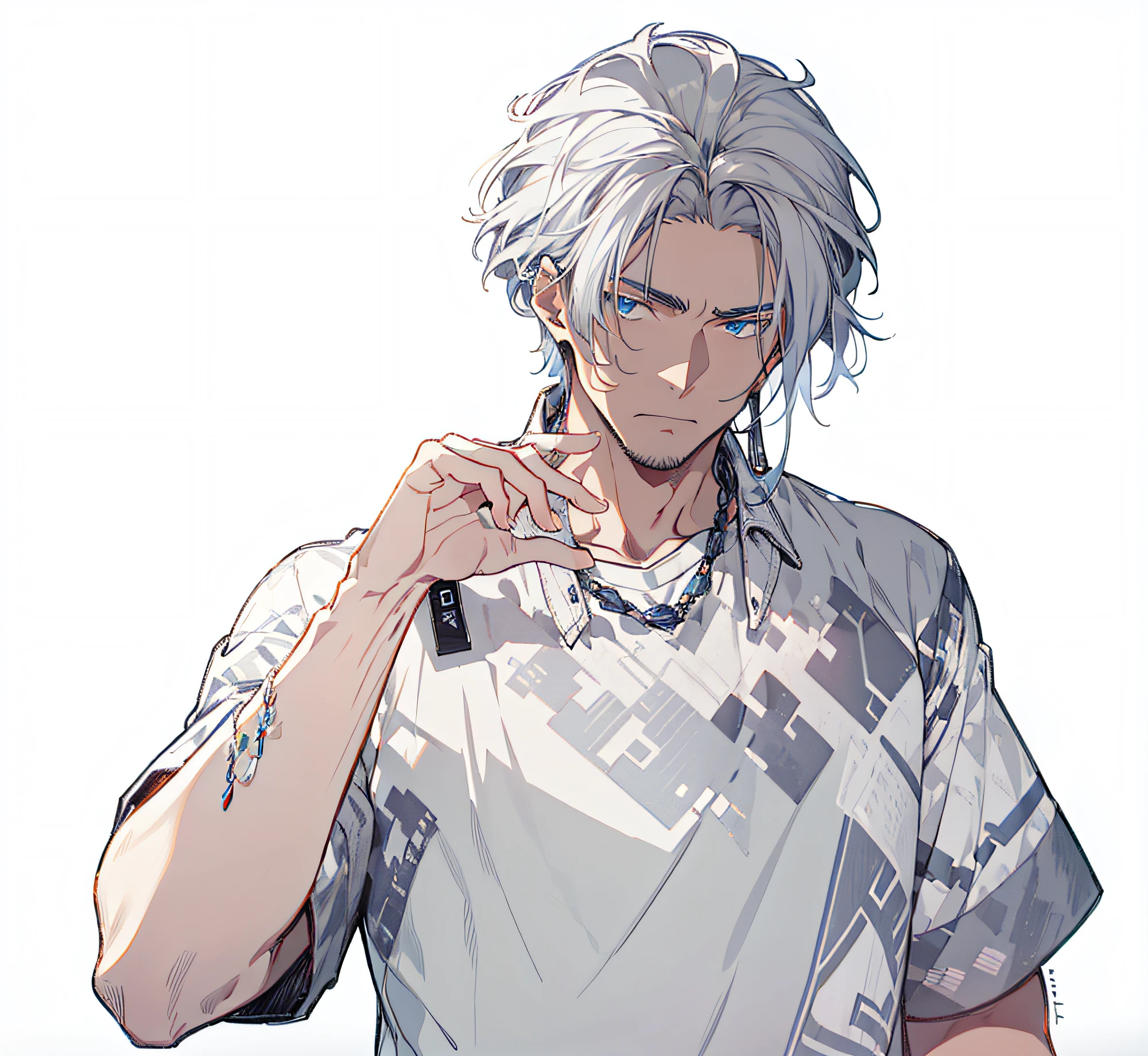 Semi-realistic Korean style male,Pure white background,Clean design,Epic Instagram,art stations,Standing painting,Stand up,Ultra-detailed intricate details,8K分辨率,A masterpiece of deviantart,illustration,Semi-thick coating,(Isolate on a white background:1.3),white-skinned,(((Handsome young man))), ((Teenage:1.5)), (blue eyed),,((((Short gray hair:1.1))), ((Gray short sleeves)), (prince\\(Indifferent expression\\),Black silk trousers,White sneakers,White underneath a long-sleeved shirt