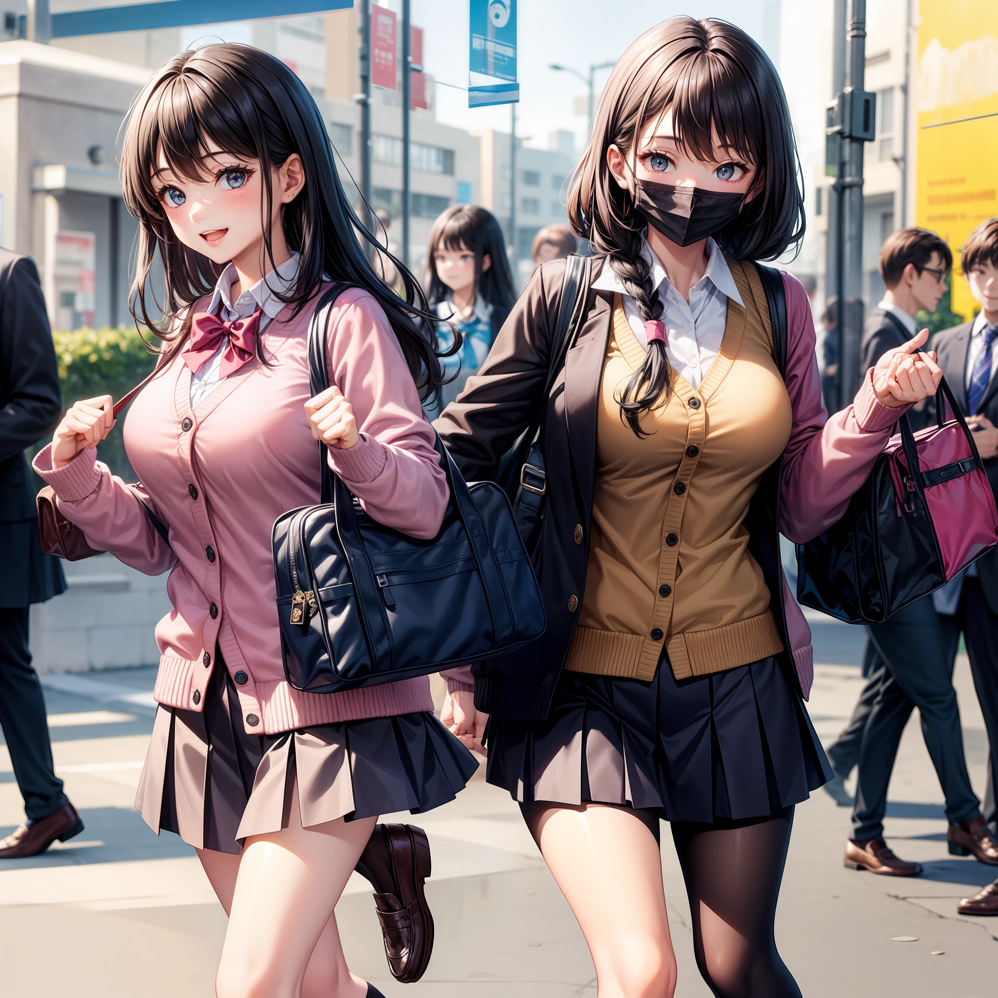 beste Quality、One girl、a whole body、shcool uniform、Black cloth mask、Long black hair、、Black School Socks、Brown loafers、Giant tits、Open chest、Blue miniskirt、Pink cardigan、School Bag、Dark eyes、smile on face、School、Background blur