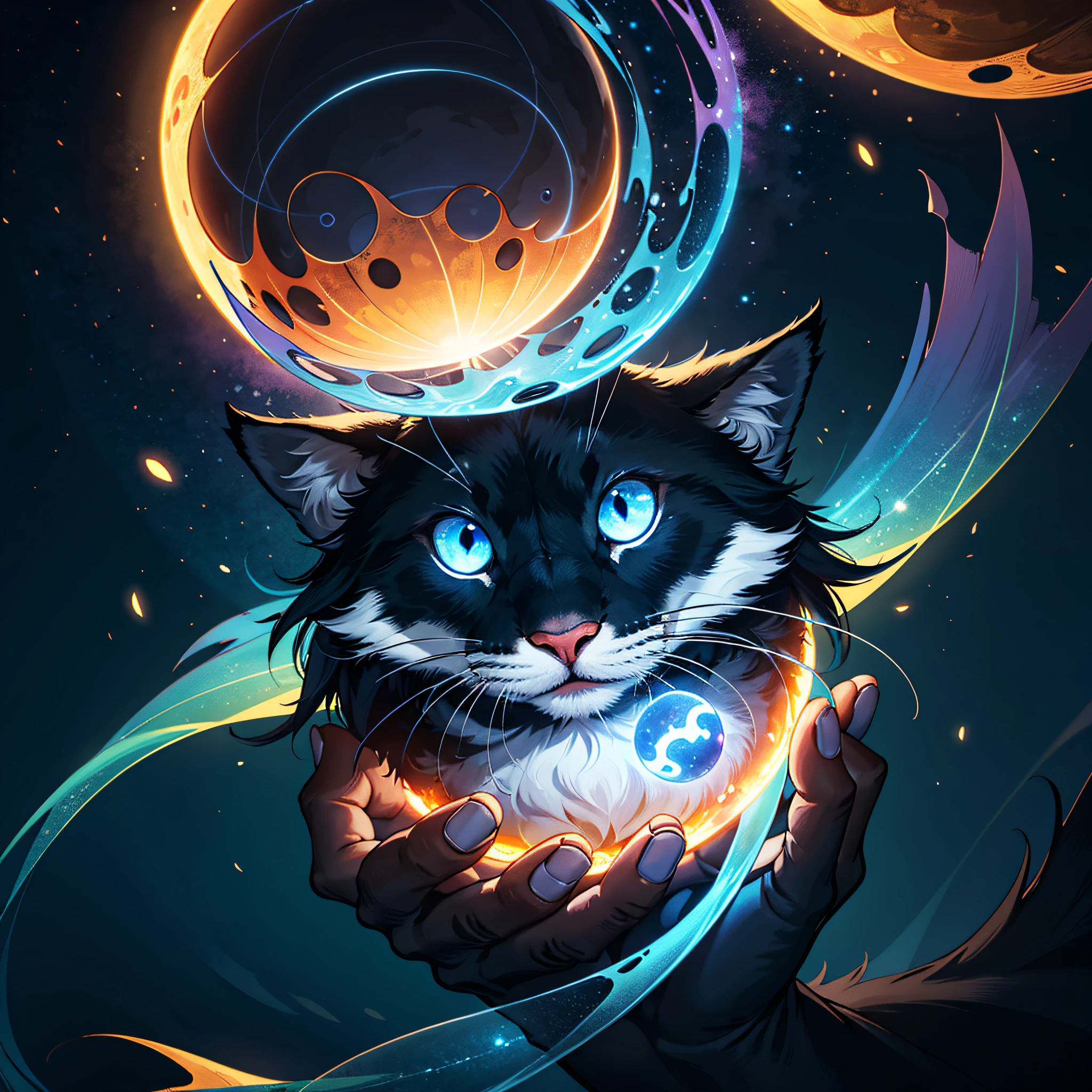 Fluffy cute ball that is a eclipse, vivid blue eyes, void black fluff with glowing blue highlights, in the dark of night, masterpiece, best quality, ((In Spiritual Art style))
