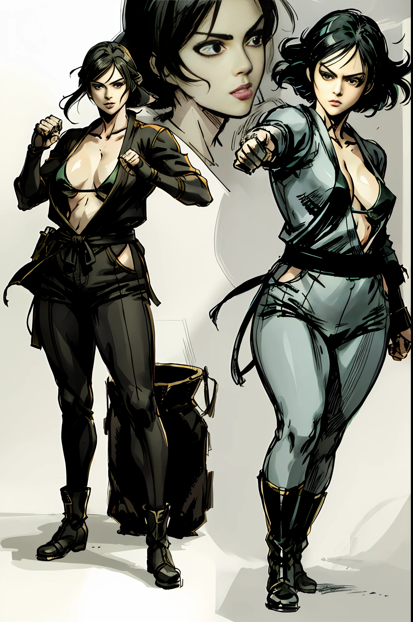杰作，1woman，A wonderful character show，4K anime，（animel:1.2），Anime drawing of a female martial artist in a bikini and robes，Mysterious oriental atmosphere，Plump breasts，Slim and well-proportioned waist and abdomen，Perfect body，Realistic Hanfu，Wear boots，Combat posture study，a whole body，Dress，Image of a female boxer，Martial arts anime style，colored sketch，Sketch art style，anime artsyle，digital anime，The ultra-great resolution，Realistic scale SFW，Place your hands in her body position！，Full body combat stance，fighting action，Gesture painting，Fine sketching，Full Body Portraits，，animepainting
