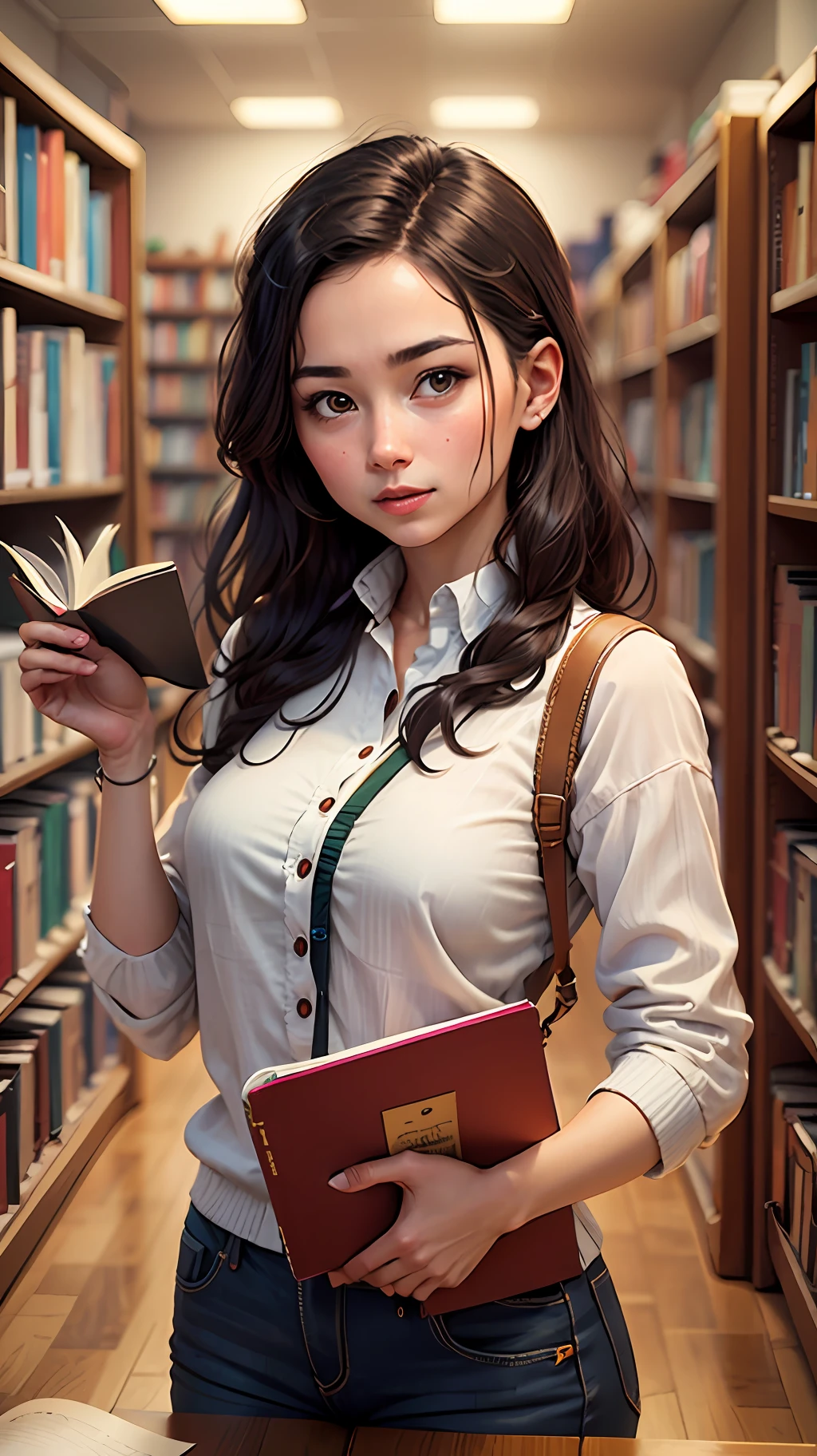 A storyteller in the book room, is female, friendly, face 250x250 pixel, look straight, Look like a presenter, closed mouth --auto