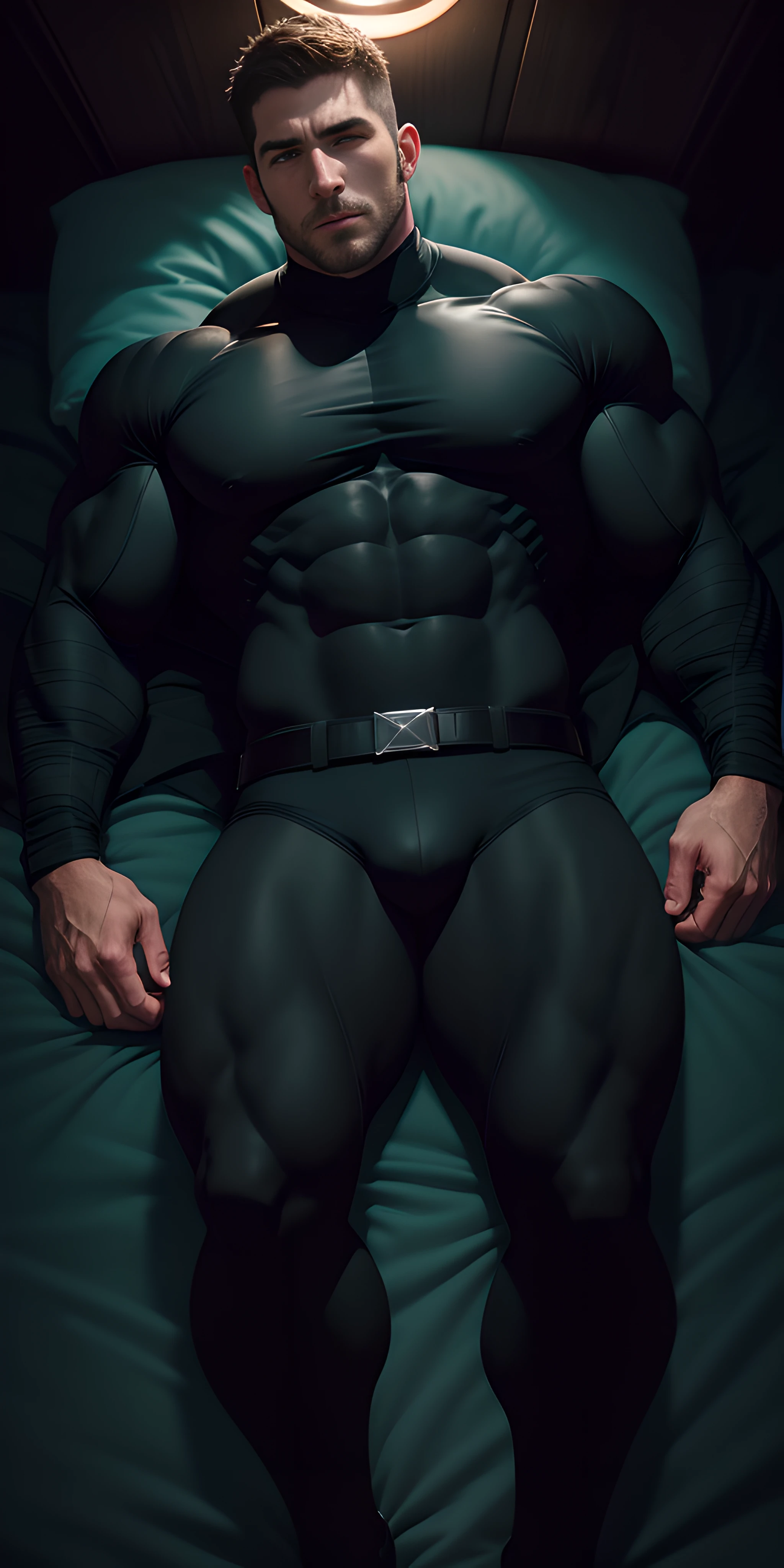 1 muscular man wrapped in a dark black turtleneck,Lie on a large bed with deep black python tentacles wrapped in them,There are a large number of dark black stout giant python tentacles on the bed,They burrowed between their legs,Eyes are confused,muscular male hero,buzz cut,Tall and burly,very muscular!tall, Burly, and strong, Sneak suit,Thickened warm tights, Sexy thick legs,super gain and cool, high resolution commission, Character design(Resident Evil - Chris Redfield,Chris Redfield),Rough big feet,Dark black cotton socks,Attractive strong men,He opened his mouth wide,In the shout