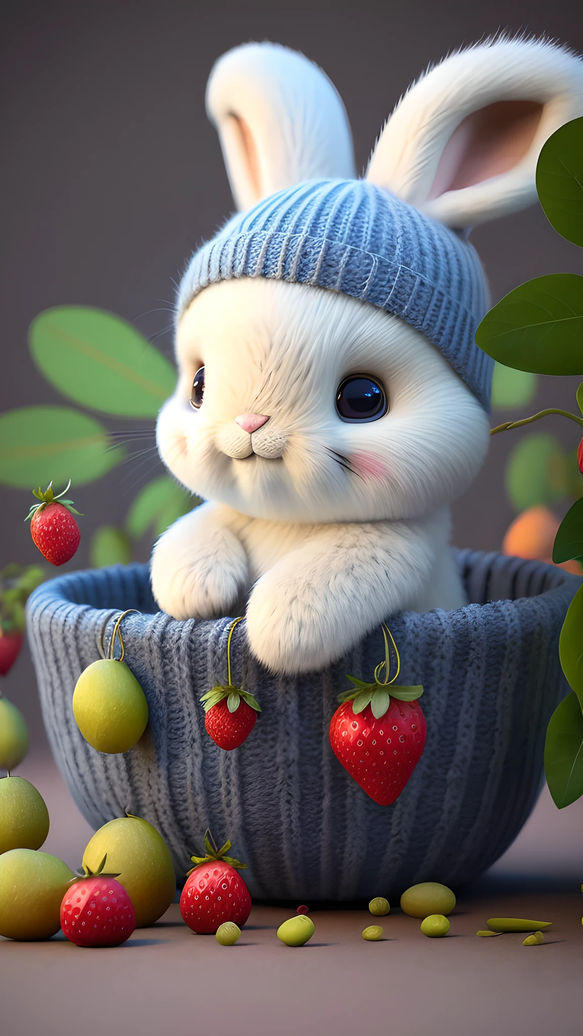 (award-winning, best quality, high resolution) 3D illustration, 1 cute furry rabbit, sleek clothing, lying on a bed of juicy and ripe fruits, surrounded by a colorful fruit garden.