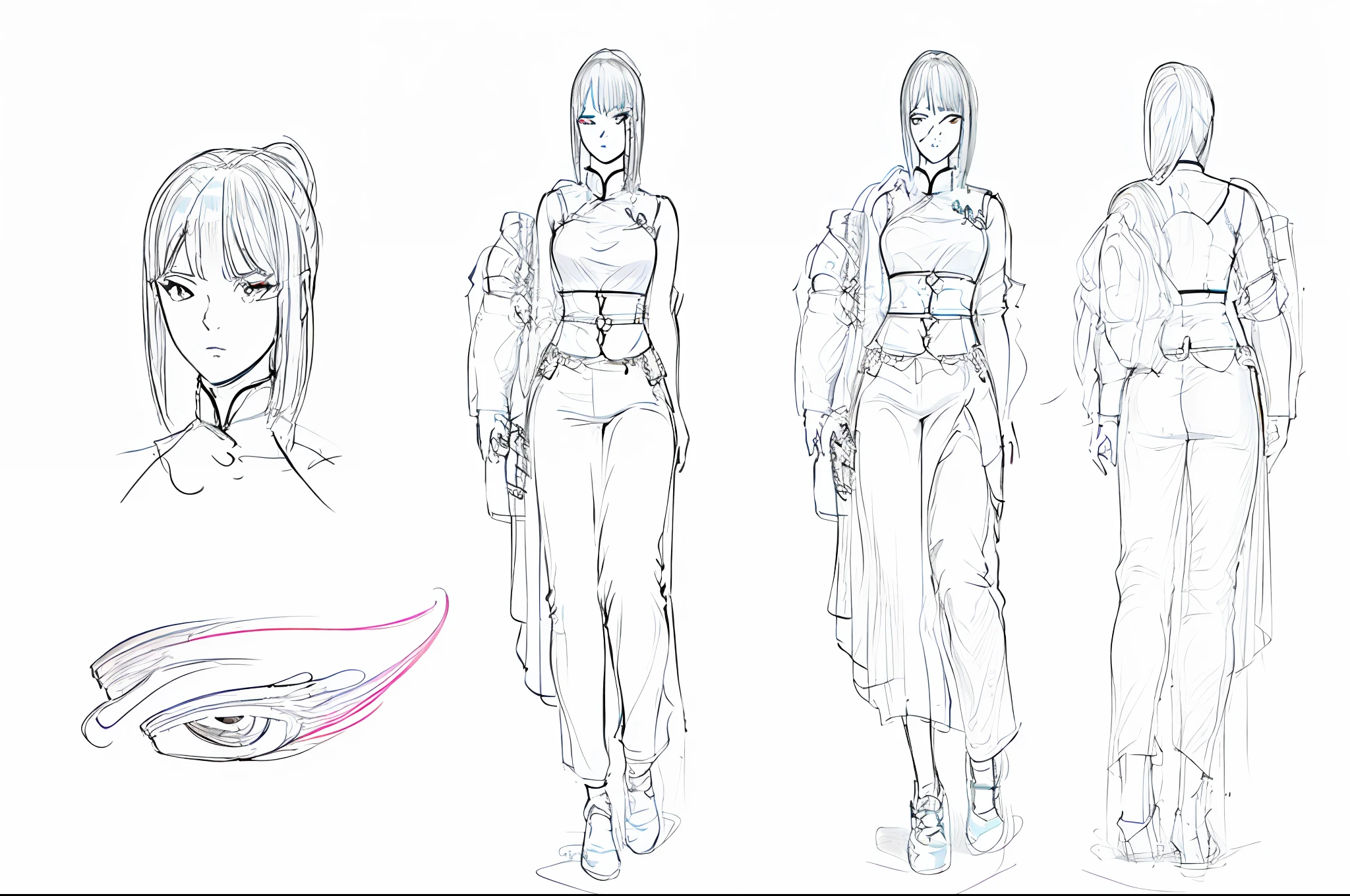 Sketch of a woman with ancient Chinese hairstyle and makeup, clear outfit design, full body concept, concept art character sheet, character design sheet, character posing for concept art, Full body character design, character model sheet turnaround, concept character sheet, anime character reference sheet, detailed full body concept art, Character design sketch,, Full body character drawing