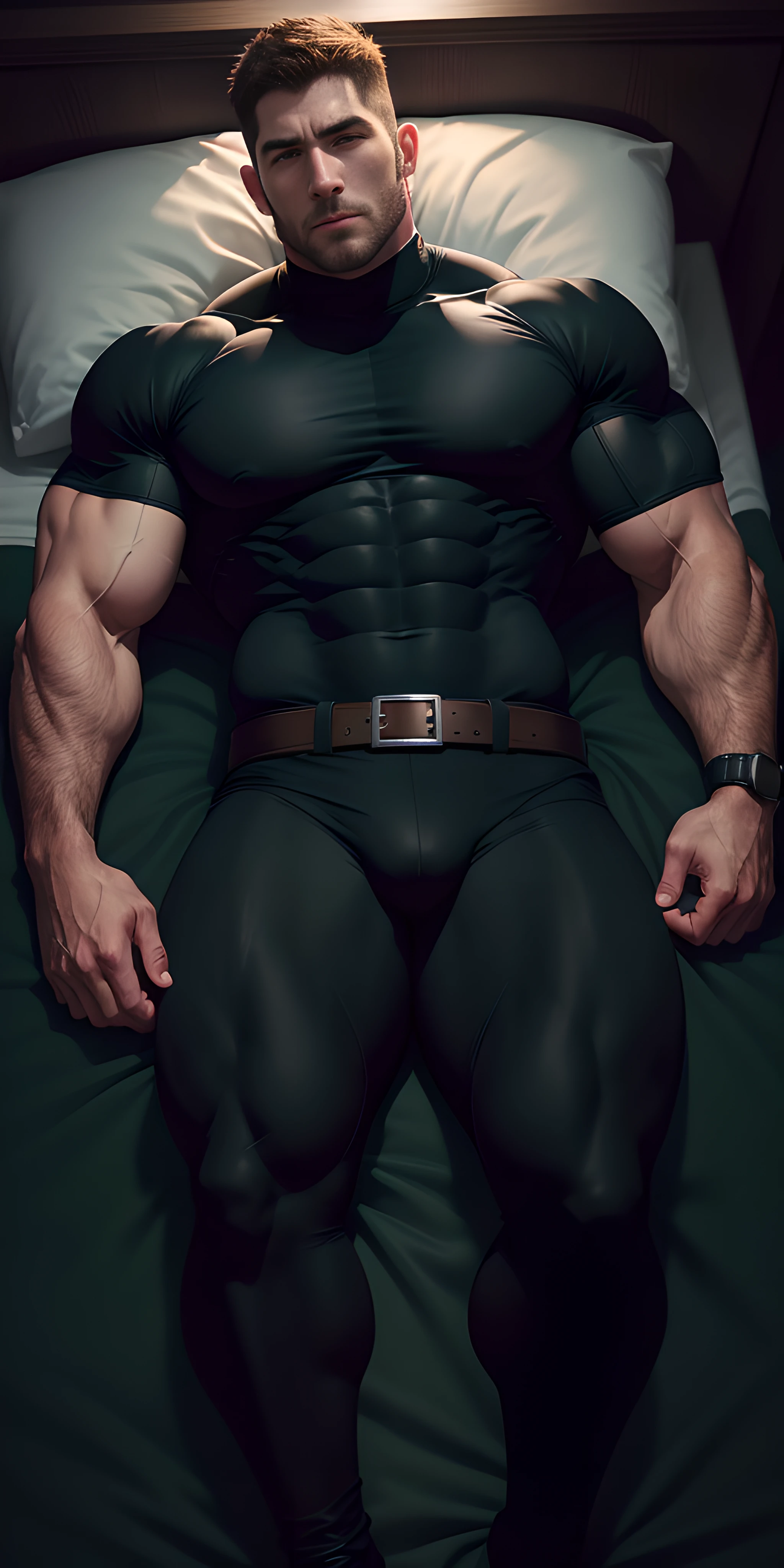 1 muscular man wrapped in a dark black turtleneck，Lie on a large bed with deep black python tentacles wrapped in them，There are a large number of dark black stout giant python tentacles on the bed，They burrowed between their legs，Eyes are confused，muscular male hero，buzz cut，Tall and burly，very muscular！tall, Burly, and strong， Sneak suit，Thickened warm tights， Sexy thick legs，super gain and cool， high resolution commission， Character design（Resident Evil - Chris Redfield，Chris Redfield），Rough big feet，Dark black cotton socks，Attractive strong men，He opened his mouth wide，In the shout