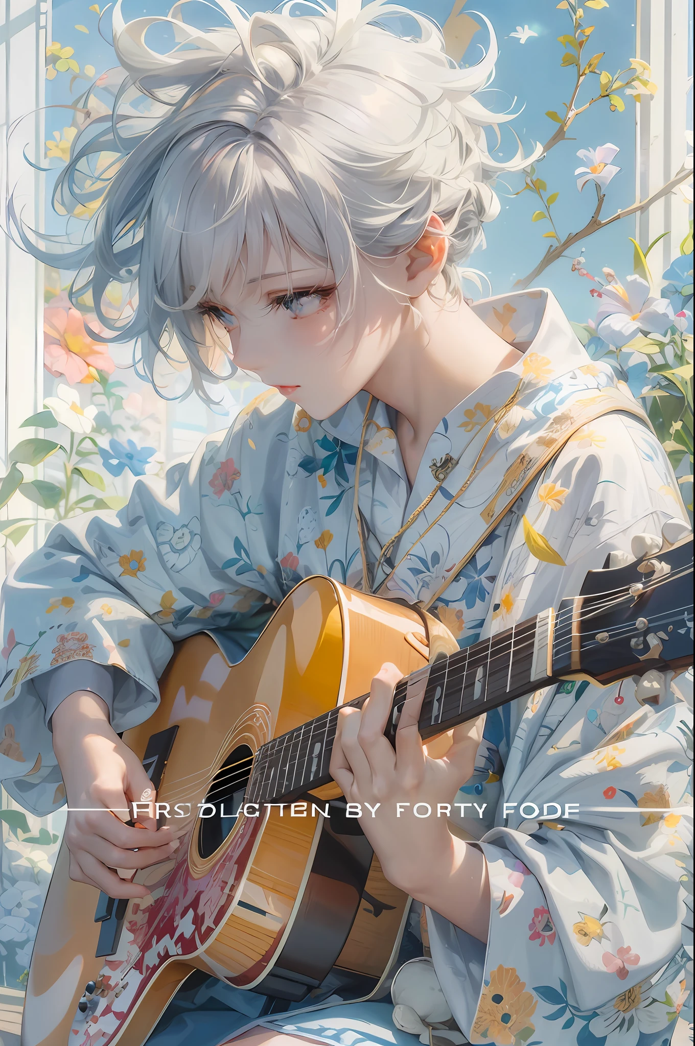 a close up of a person holding a guitar near a window, fairycore, anime cover, Official artwork, inspired by Miho Hirano, girl with short white hair, lofi girl, white-hair pretty face, anime style mixed with fujifilm, Girl with white hair, Praise Artstyle, lofi portrait, Fanart, ayanami, 🌺 CGSesociety