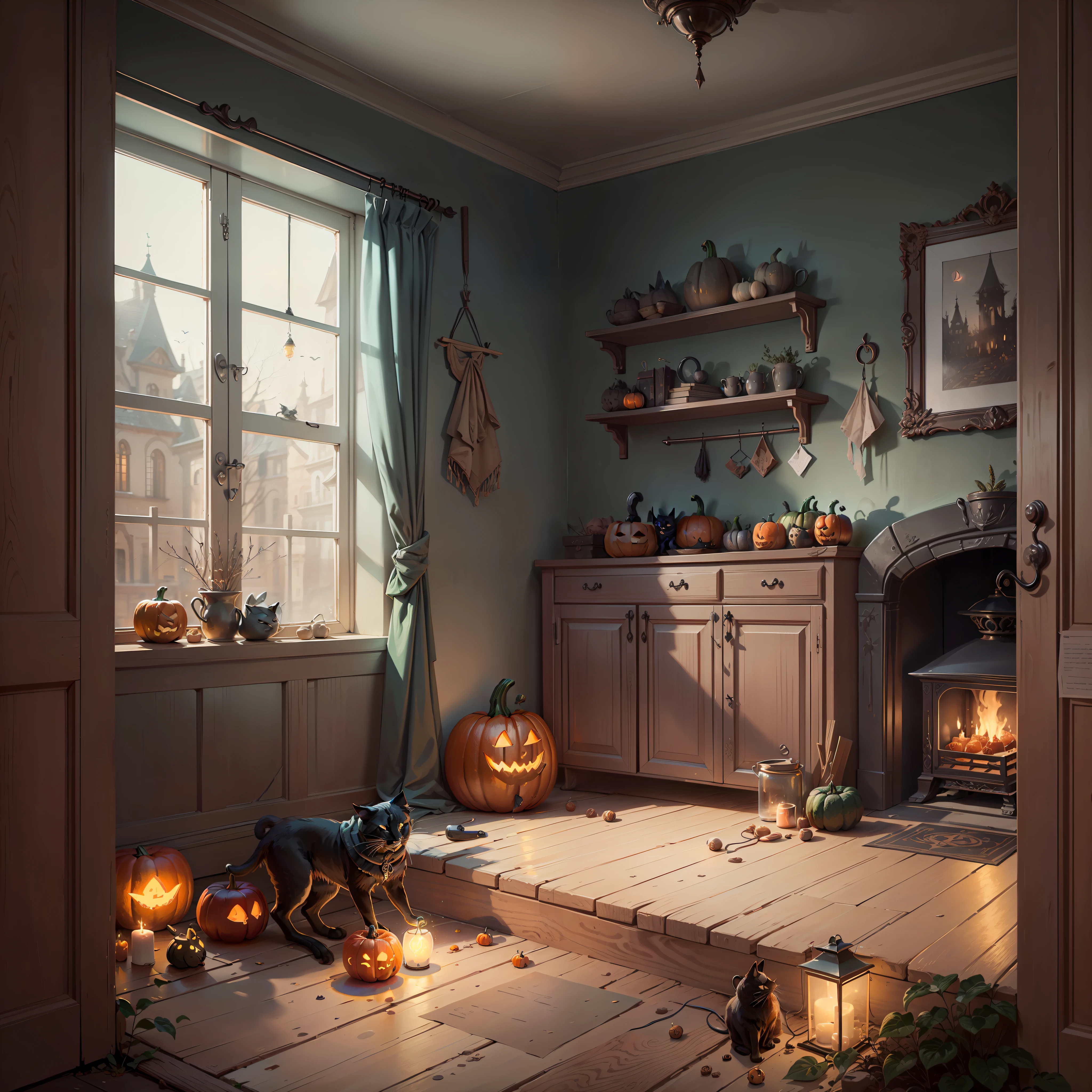 pumpkins,cloaks,paper lanterns ,Black cat,