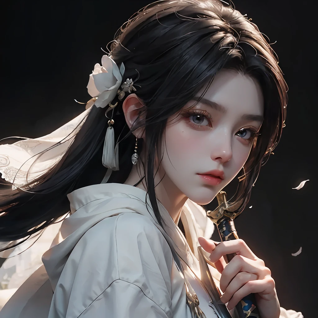 a close up of a woman with a sword in a white dress, a character portrait by Yang J, trending on cgsociety, fantasy art, beautiful character painting, artwork in the style of guweiz, guweiz, white hanfu, flowing white robes, full body wuxia, epic exquisite character art, stunning character art, beautiful female assassin --auto