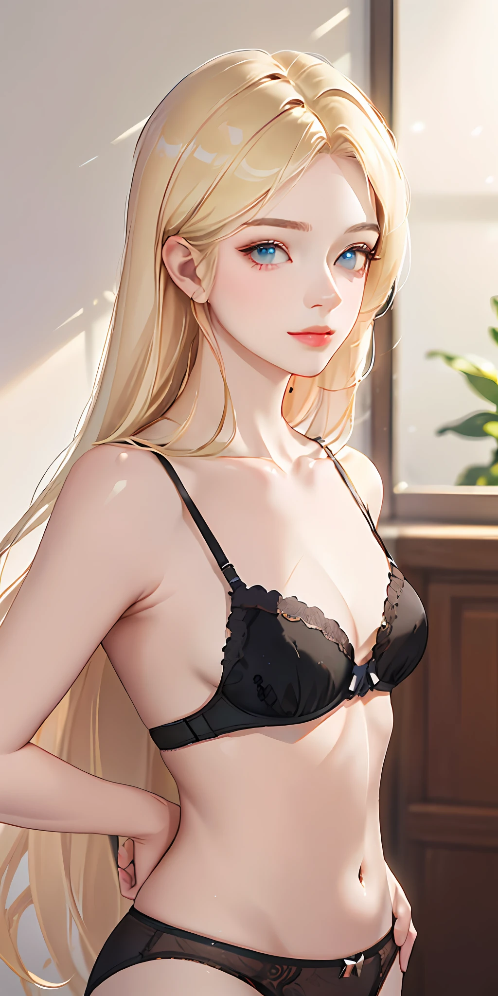 (Photorealistic:1.4), (Masterpiece, Sidelight, Fine Beautiful Eyes: 1.2), Masterpiece*Portrait, Realistic, 3D Face, Luminous Eyes, Glossy Hair, Glossy Skin, Alone, Embarrassing, (Epigastric), Black Underwear, Blonde Hair,