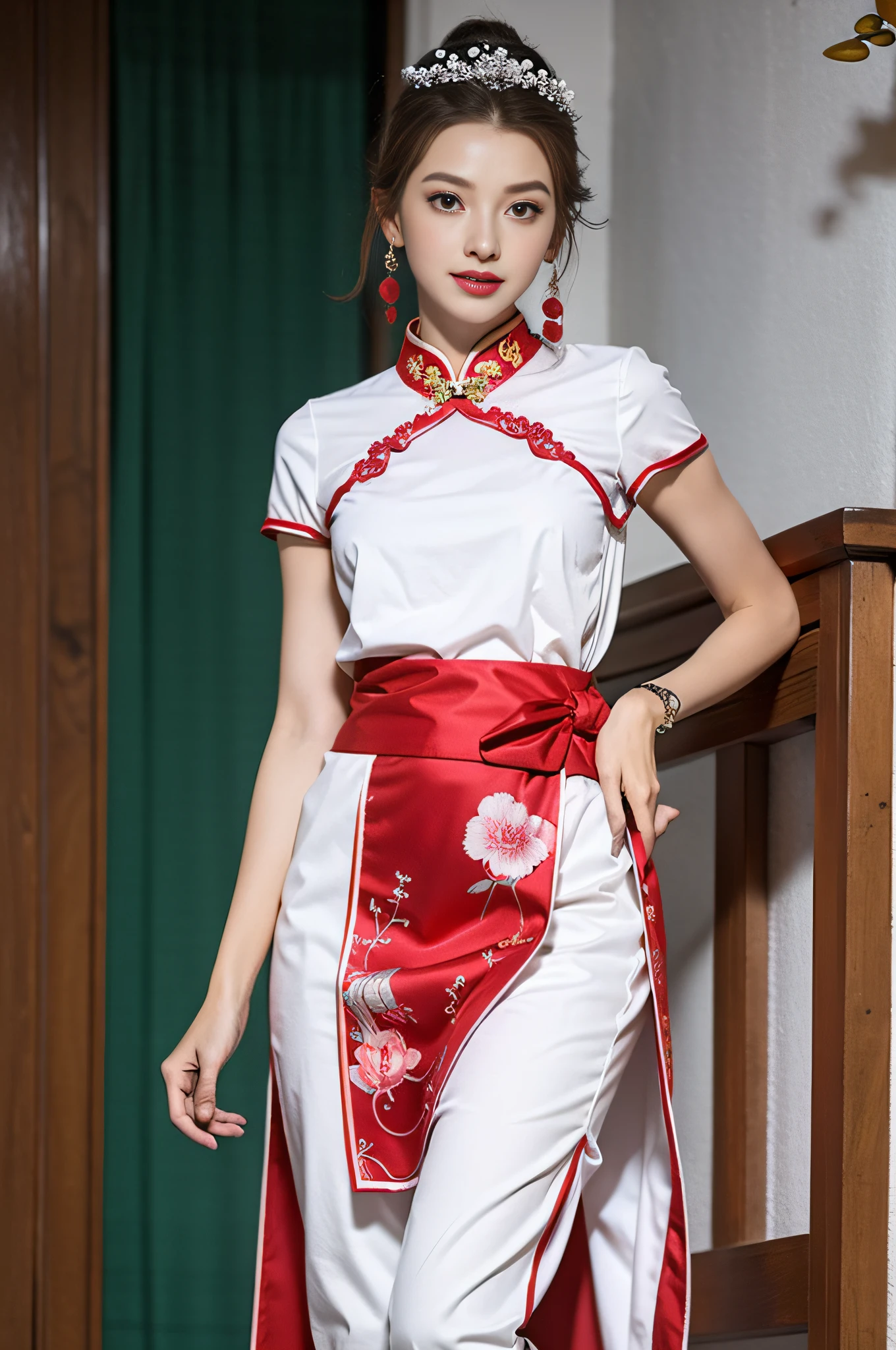 A young girl，Very detailed CG unity 8k wallpaper，（杰作），（best qualitiy），（Ultra detailded），（ultra realistis）,Wearing a crystal headdress on a water-patterned bead curtain，wearing a red cheongsam，The clothes are fluttering，The waist-hip part ratio is 0.8，Beautiful and decent，Paired with the charm of Chinese architecture in the background，It looks particularly calm and dignified。