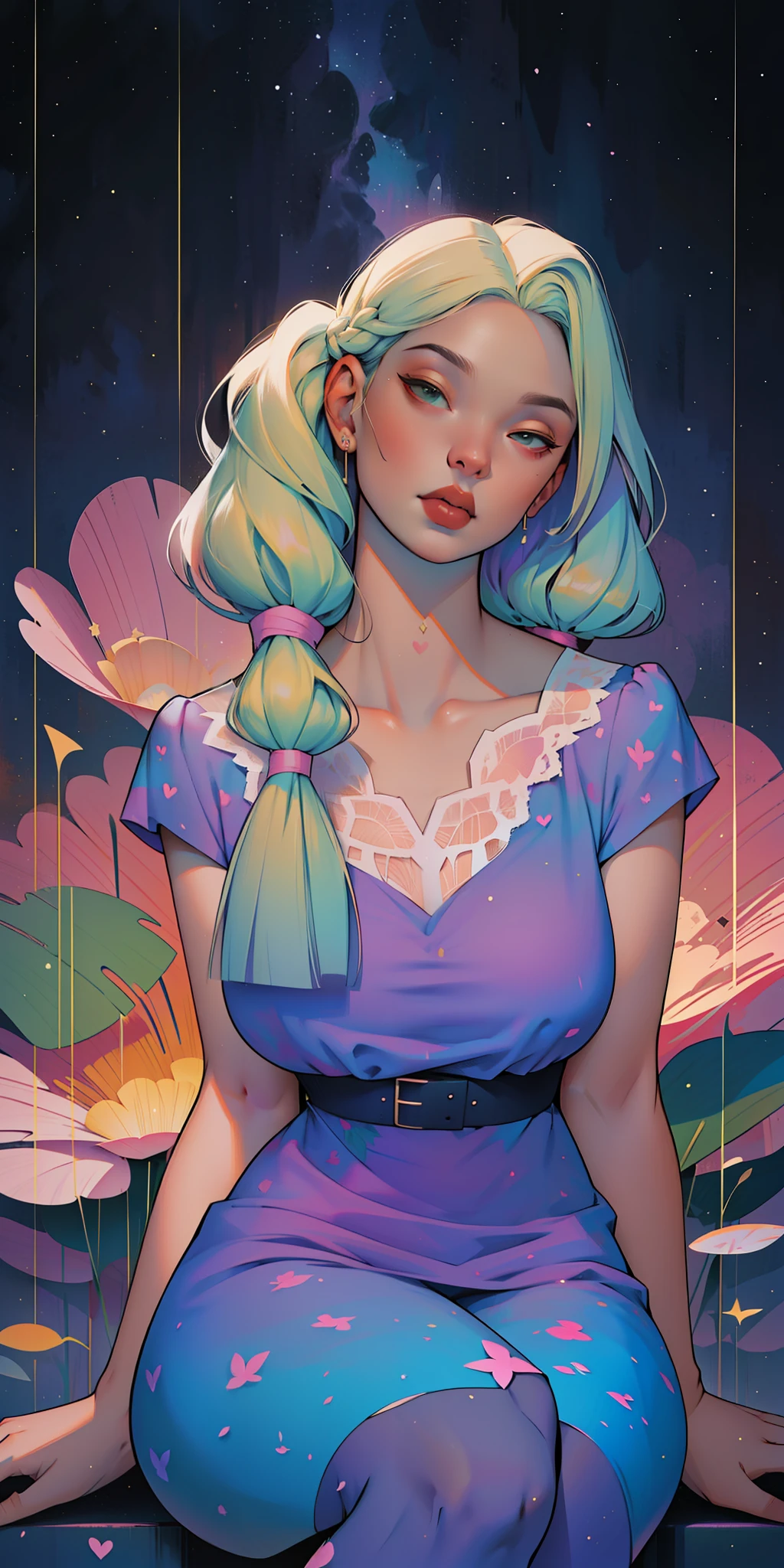 A glorious sunrise,stars, heart,  Spectrum Rainbow, Background, in chic lavender white mint hair,  pastel, mixed-language_SMS, (beautiful and clear background:1.2),, fantastic paintings , High detail eye lace, Long pigtails, braid,  cosmos, galaxy, Long Hair, cool hairstyle, Plant flora,  Loving, Love, ultra detailed hair, Best Quality, hig quality, high-resolution, detail enhancement, ((most beautiful image in the world)), Masterpiece, Best Quality, High Quality Detail Enhancement, ((most beautiful image ), Shiny hair, ultra chic dress print, Stampa Flores,  tights in a mesh,,  art by stjepan sejic, art by j scott campbell, art by guillem march, art by citemer liu, 4k, high-resolution, comic book character, comic, high quality detailed,   style of ::2.0 comix illustration style,tatoon style, hig quality, high-resolution, detail enhancement, 8K, HD, Best Quality, hig quality, high-resolution, detail enhancement, 8K, HDR, Sharp focus, Ultra Detailed, Perfect lighting, Curvy Body, Lush breasts, Curvy hips, Sits