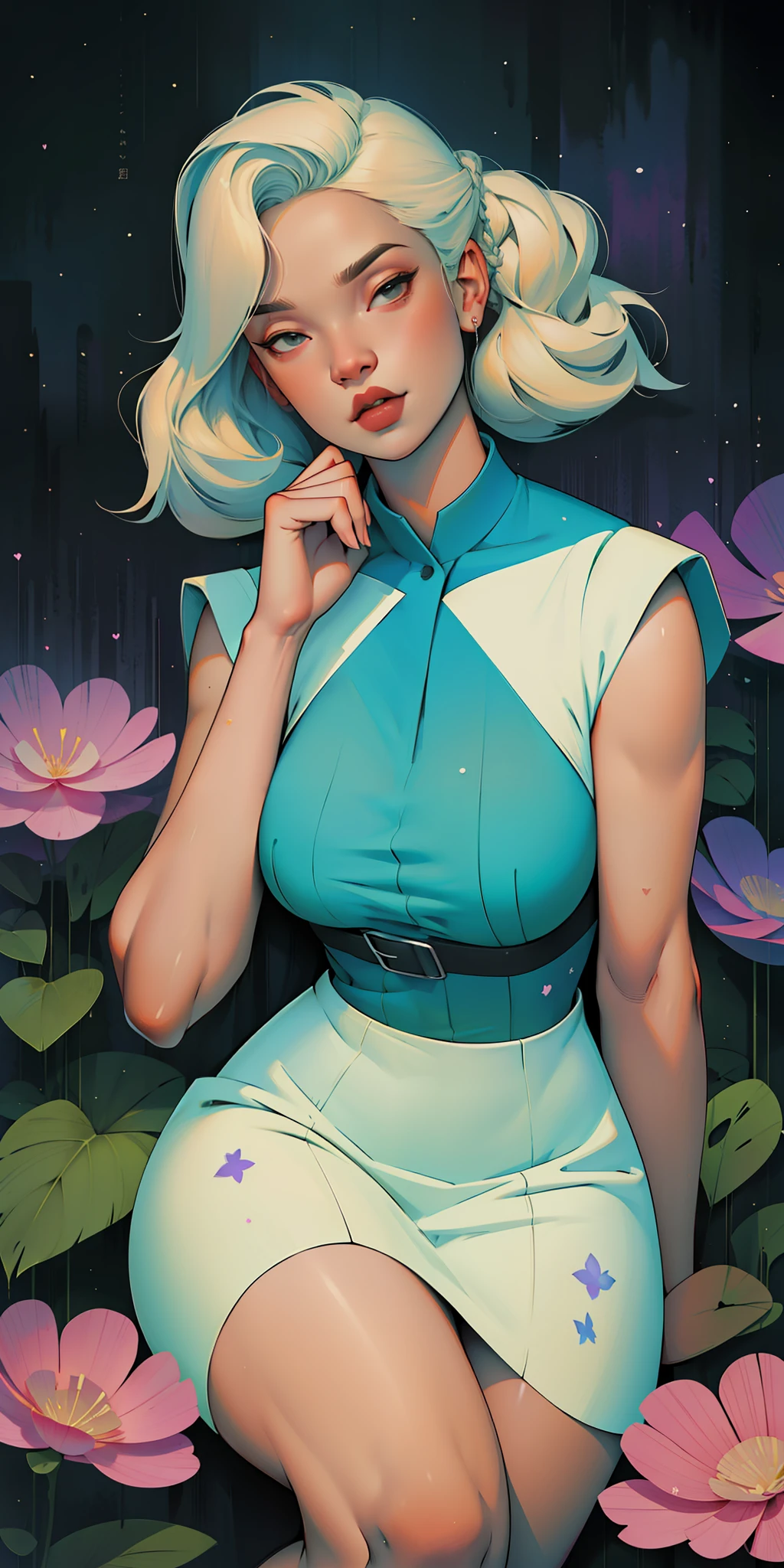 A glorious sunrise,stars, heart, Spectrum Rainbow, Background, in chic lavender white mint hair, pastel, mixed-language_SMS, (beautiful and clear background:1.2),, fantastic paintings , High detail eye lace, Long pigtails, braid, cosmos, galaxy, Long Hair, cool hairstyle, Plant flora, Loving, Love, ultra detailed hair, Best Quality, hig quality, high-resolution, detail enhancement, ((most beautiful image in the world)), Masterpiece, Best Quality, High Quality Detail Enhancement, ((most beautiful image ), Shiny hair, ultra chic dress print, Stampa Flores, tights in a mesh,, art by stjepan sejic, art by j scott campbell, art by guillem march, art by citemer liu, 4k, high-resolution, comic book character, comic, high quality detailed, style of ::2.0 comix illustration style,tatoon style, hig quality, high-resolution, detail enhancement, 8K, HD, Best Quality, hig quality, high-resolution, detail enhancement, 8K, HDR, Sharp focus, Ultra Detailed, Perfect lighting, Curvy Body, Lush breasts, Curvy hips, Sits