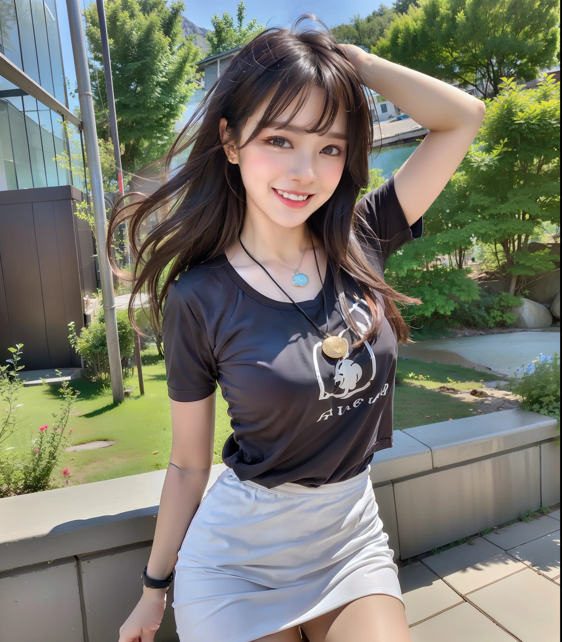 (Best quality, high resolution, Masterpiece: 1.3), a beautiful woman with a slender figure, (dark brown layered hairstyle), wearing a pendant, t-shirt, white skirt, outdoors, scenic beauty, lakes and mountains in distant background, details in face and skin texture beautifully rendered, details eyes, (best quality, high resolution, masterpiece: 1.3), a beautiful woman with a slim figure, (dark brown layered hairstyle), wearing pendant, t-shirt, white midskirt, outdoors, background random, details in face and skin texture beautifully rendered, detail eyes, double eyelids, seductive laugh, feminine laugh, seductive pose