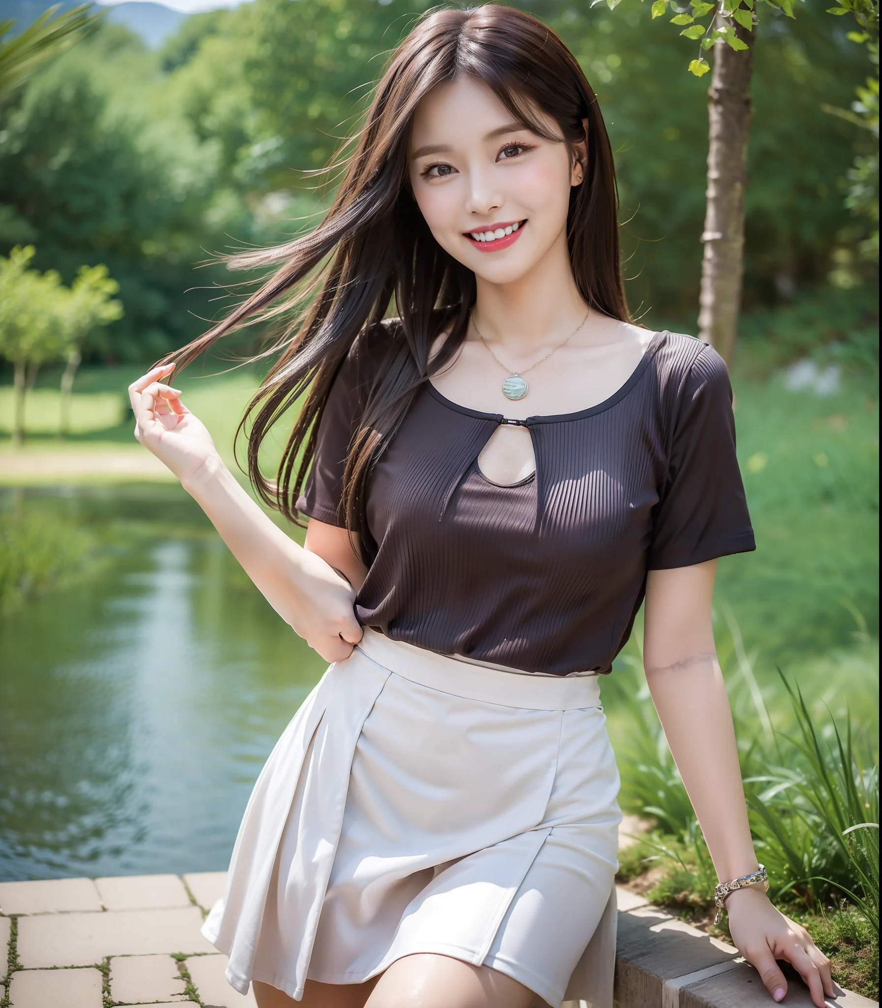 (Best quality, high resolution, Masterpiece: 1.3), a beautiful woman with a slender figure, (dark brown layered hairstyle), wearing a pendant, t-shirt, white skirt, outdoors, scenic beauty, lakes and mountains in distant background, details in face and skin texture beautifully rendered, details eyes, (best quality, high resolution, masterpiece: 1.3), a beautiful woman with a slim figure, (dark brown layered hairstyle), wearing pendant, t-shirt, white midskirt, outdoors, background random, details in face and skin texture beautifully rendered, detail eyes, double eyelids, seductive laugh, feminine laugh, seductive pose
