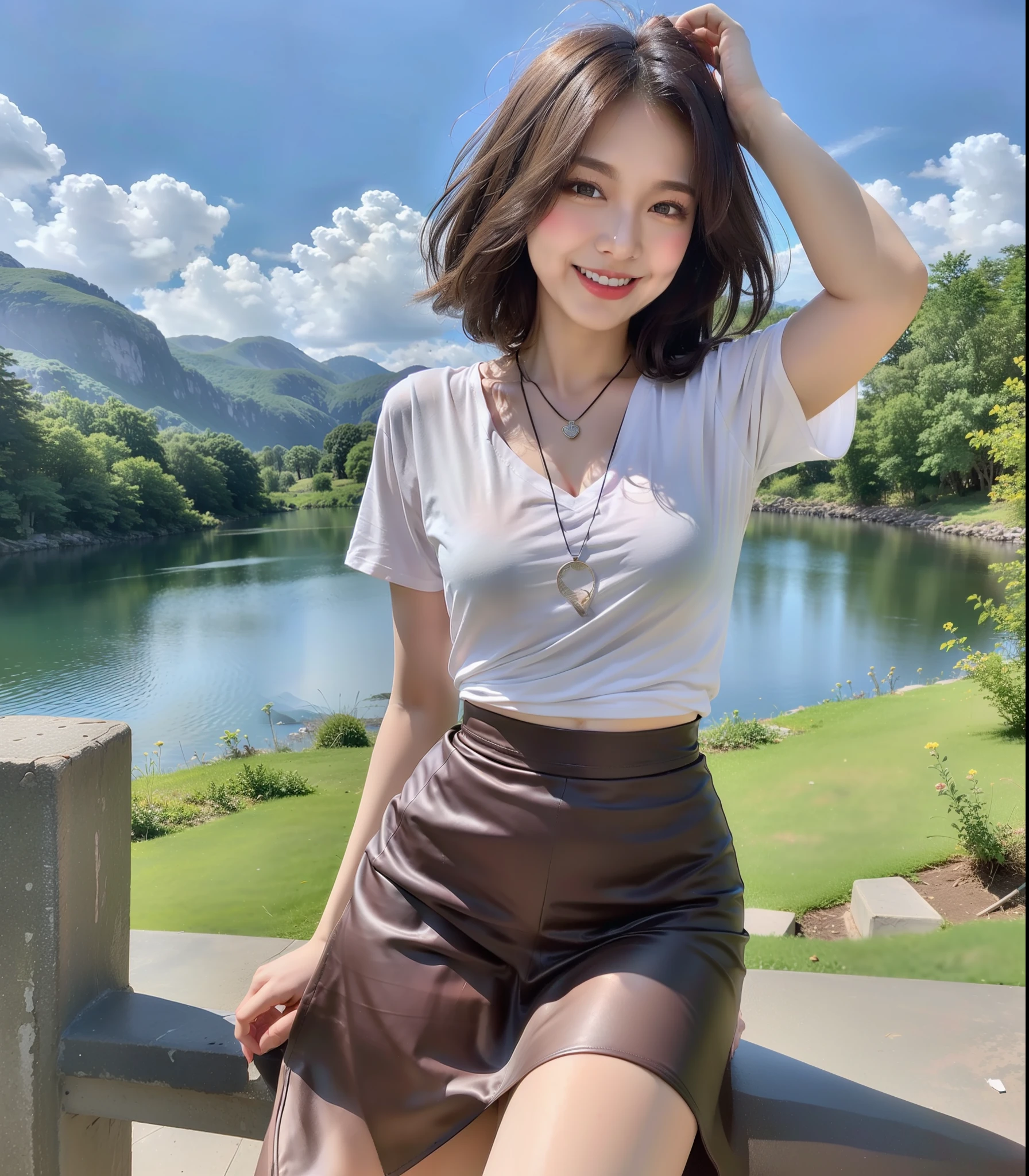 (Best quality, high resolution, Masterpiece: 1.3), a beautiful woman with a slender figure, (dark brown layered hairstyle), wearing a pendant, t-shirt, white skirt, outdoors, scenic beauty, lakes and mountains in distant background, details in face and skin texture beautifully rendered, details eyes, (best quality, high resolution, masterpiece: 1.3), a beautiful woman with a slim figure, (dark brown layered hairstyle), wearing pendant, t-shirt, white midskirt, outdoors, background random, details in face and skin texture beautifully rendered, detail eyes, double eyelids, seductive laugh, feminine laugh, seductive pose