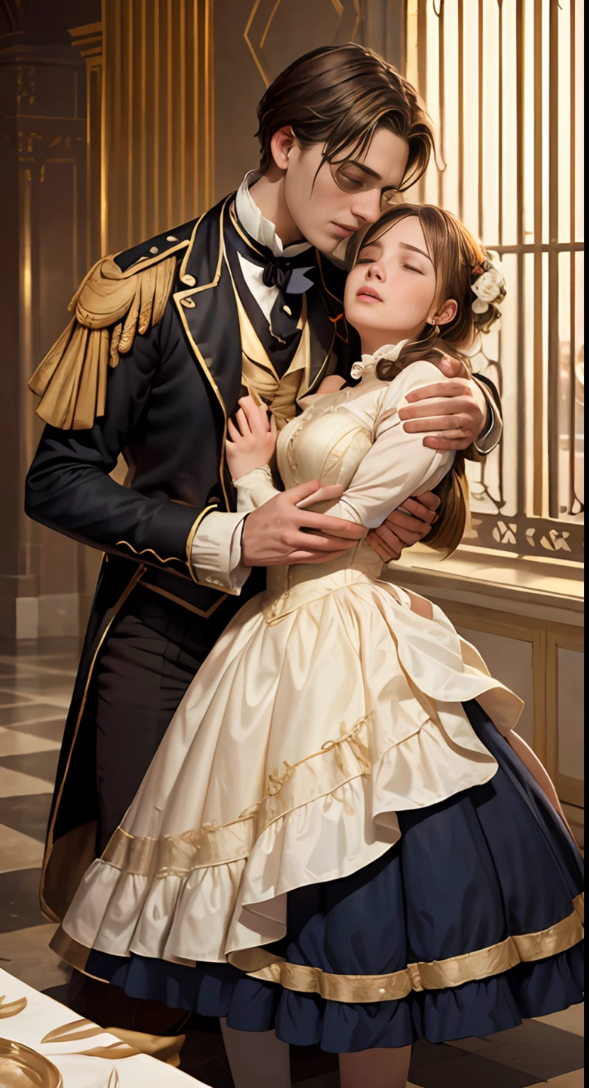 Masterpiece, Highly detailed, Super realistic,Detailed background, Bright lighting, Daylight,
Beautiful face, Beautiful eyes, Middle Ages style, 1girl and 1boy,
(A girl faints and collapses at a party、A man hugs in a hurry),
(Victorian luxury party dresses),（Full body image）、